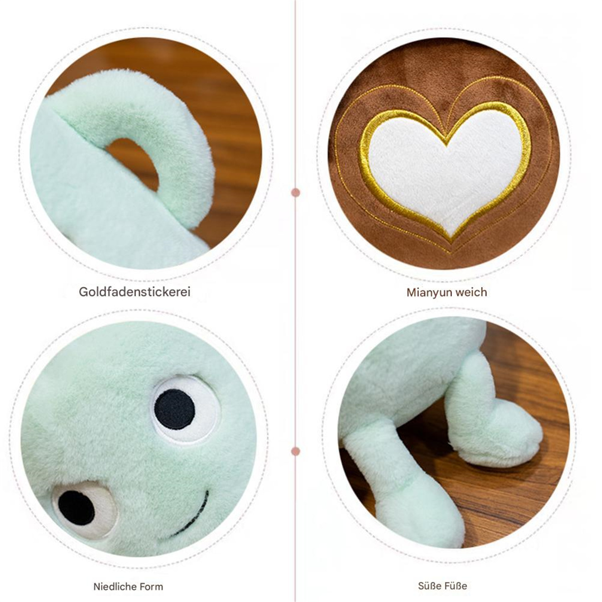 Nahaufnahmen eines Plüschtiers. Details zeigen gesticktes Herz, grünen Körper und Füße.