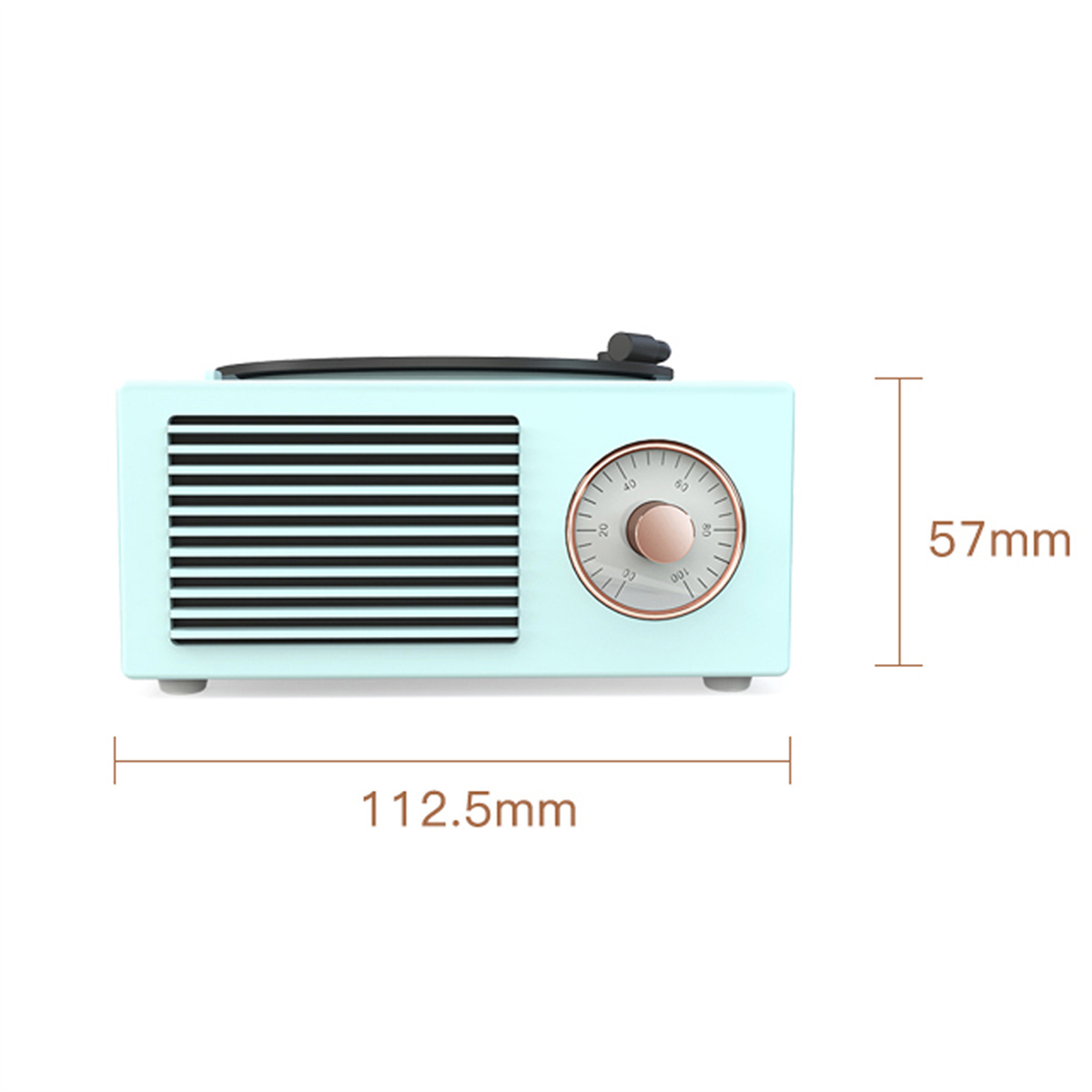 Ein türkisfarbenes Radio im Retro-Stil mit Lautsprecher, Drehregler und Abmessungen von 112,5 mm und 57 mm auf Weiß.