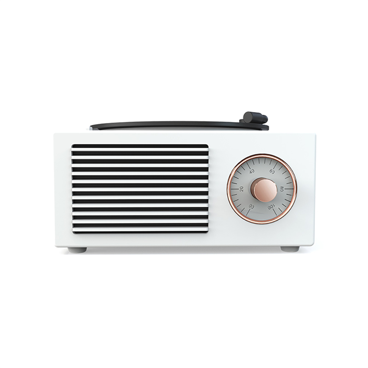 Ein weißes Retro-Radio mit schwarzem Deckel, Lautsprecher und Lautstärkeregler auf weißem Grund.