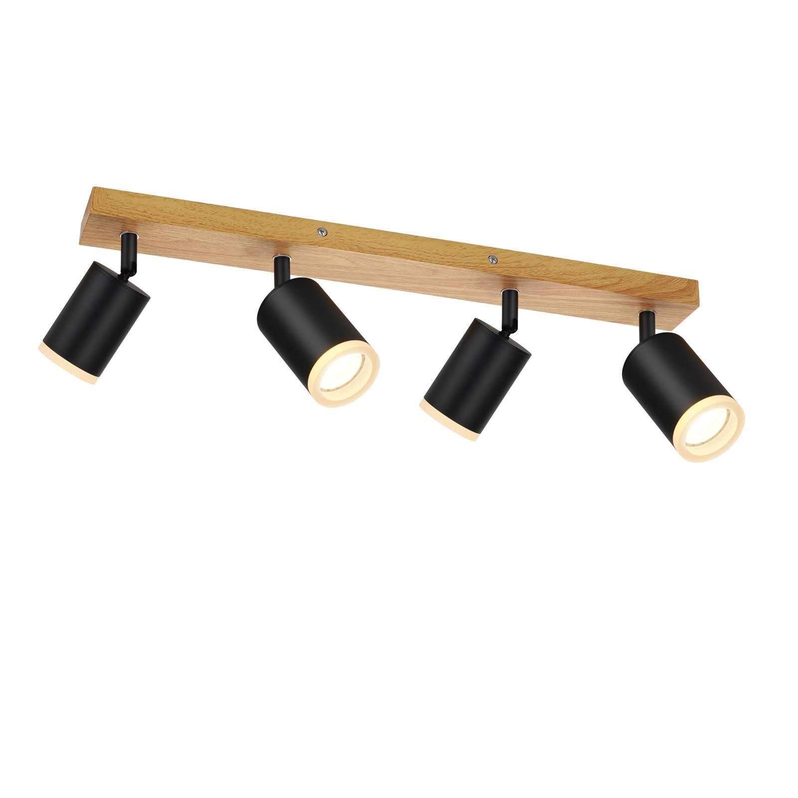 Trave in legno con quattro faretti neri rivolti verso il basso, con sfondo bianco.
