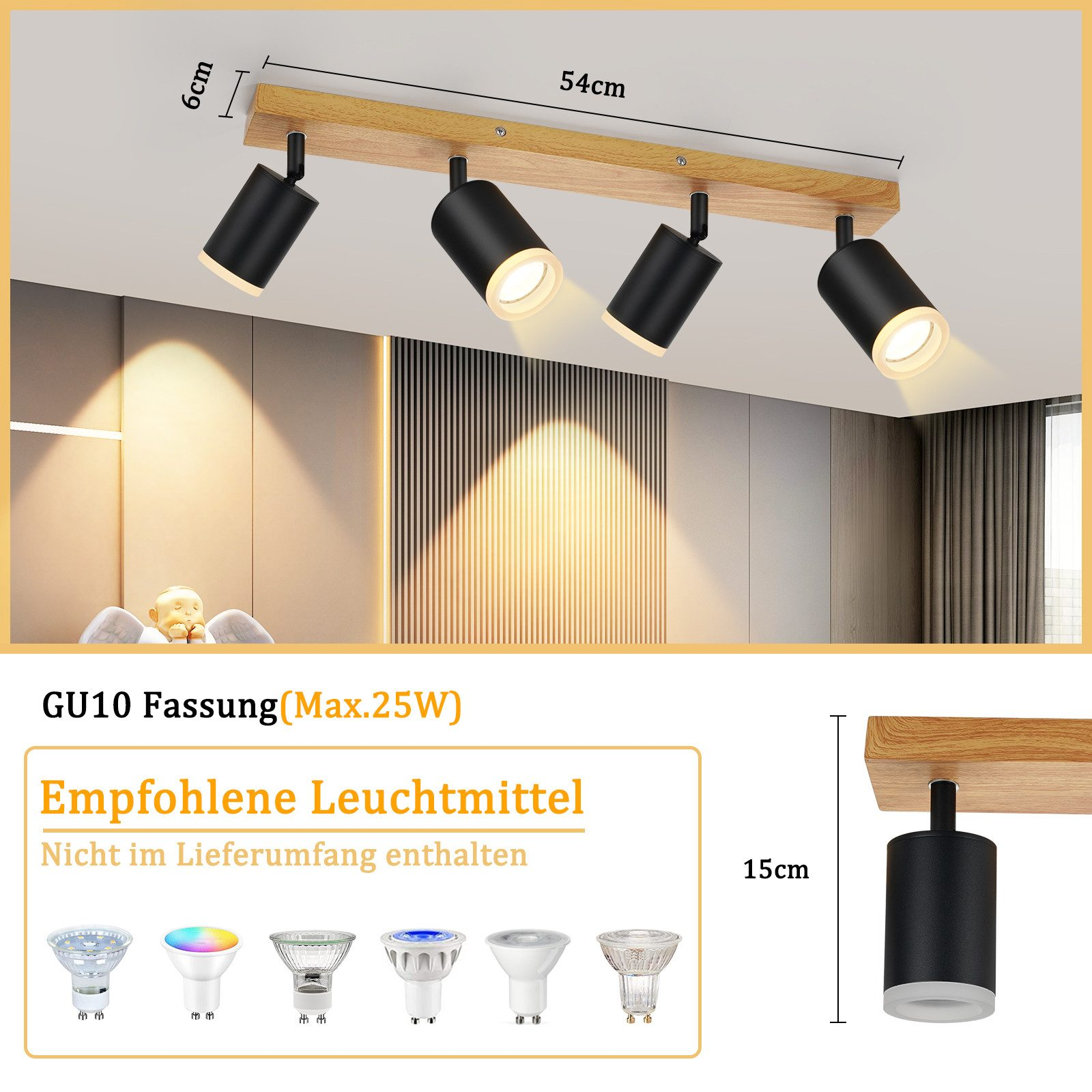 Un apparecchio di illuminazione con quattro faretti neri su una trave di legno.