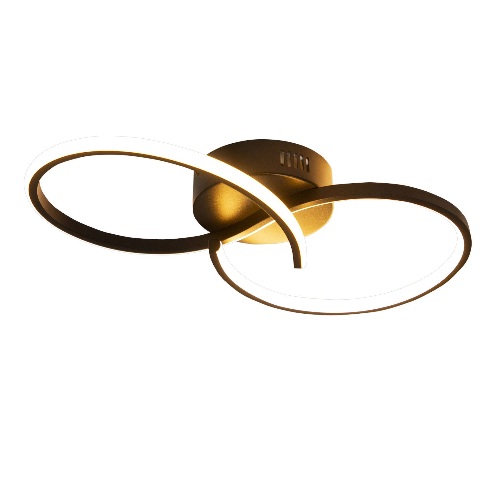 Lampa sufitowa z czarną podstawą i dwoma zakrzywionymi, białymi paskami świetlnymi.