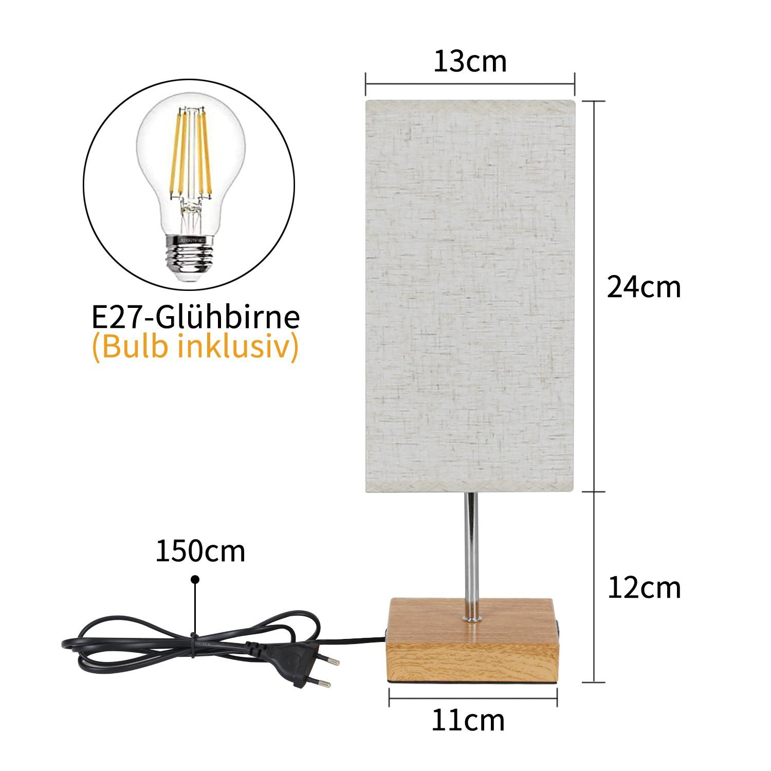 Lampa stołowa z drewnianą podstawą, prostokątnym lnianym abażurem i żarówką E27, z wymiarami i kablem.