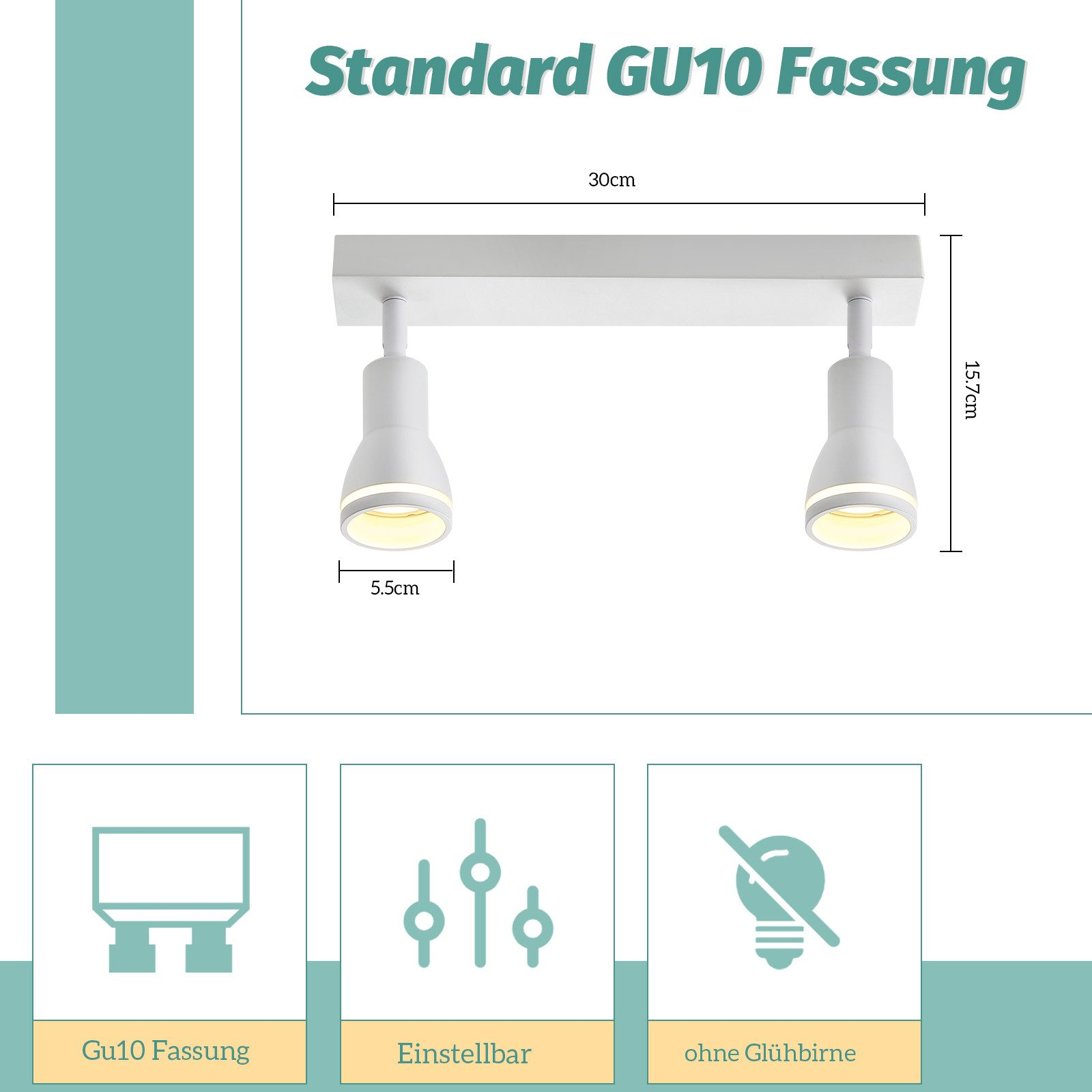 Un apparecchio per l'illuminazione a soffitto bianco con due faretti regolabili. Ha una base rettangolare e testo che indica le dimensioni.