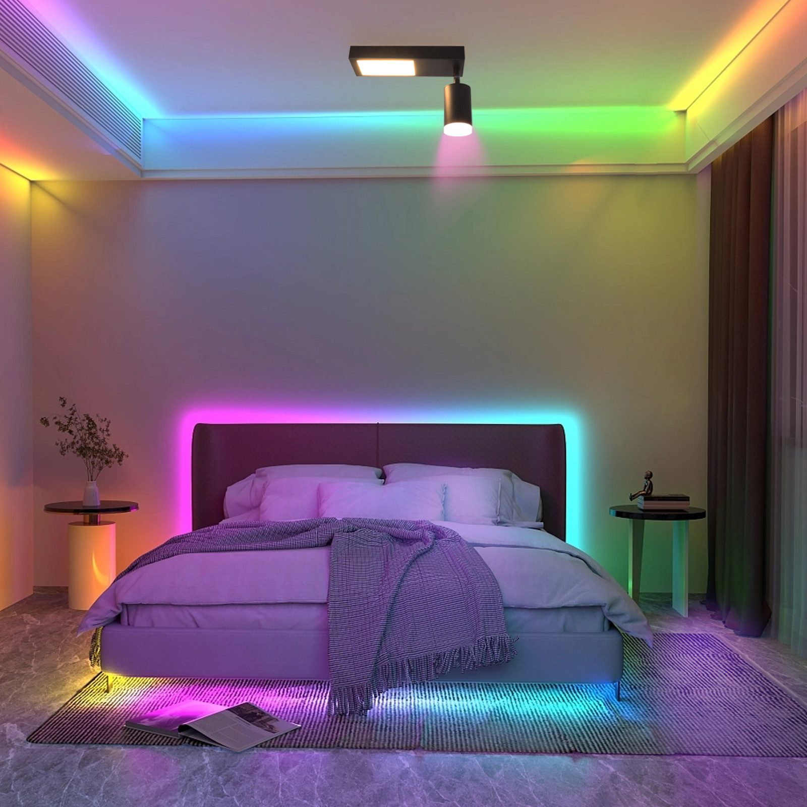Camera da letto con struttura del letto, illuminazione a LED colorata, comodini e tappeto. Moderno e vibrante.