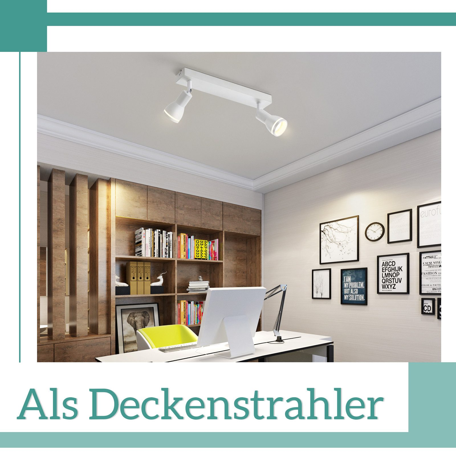 Due faretti da soffitto bianchi. Scrivania con computer e forniture per ufficio. Una stanza con più immagini.