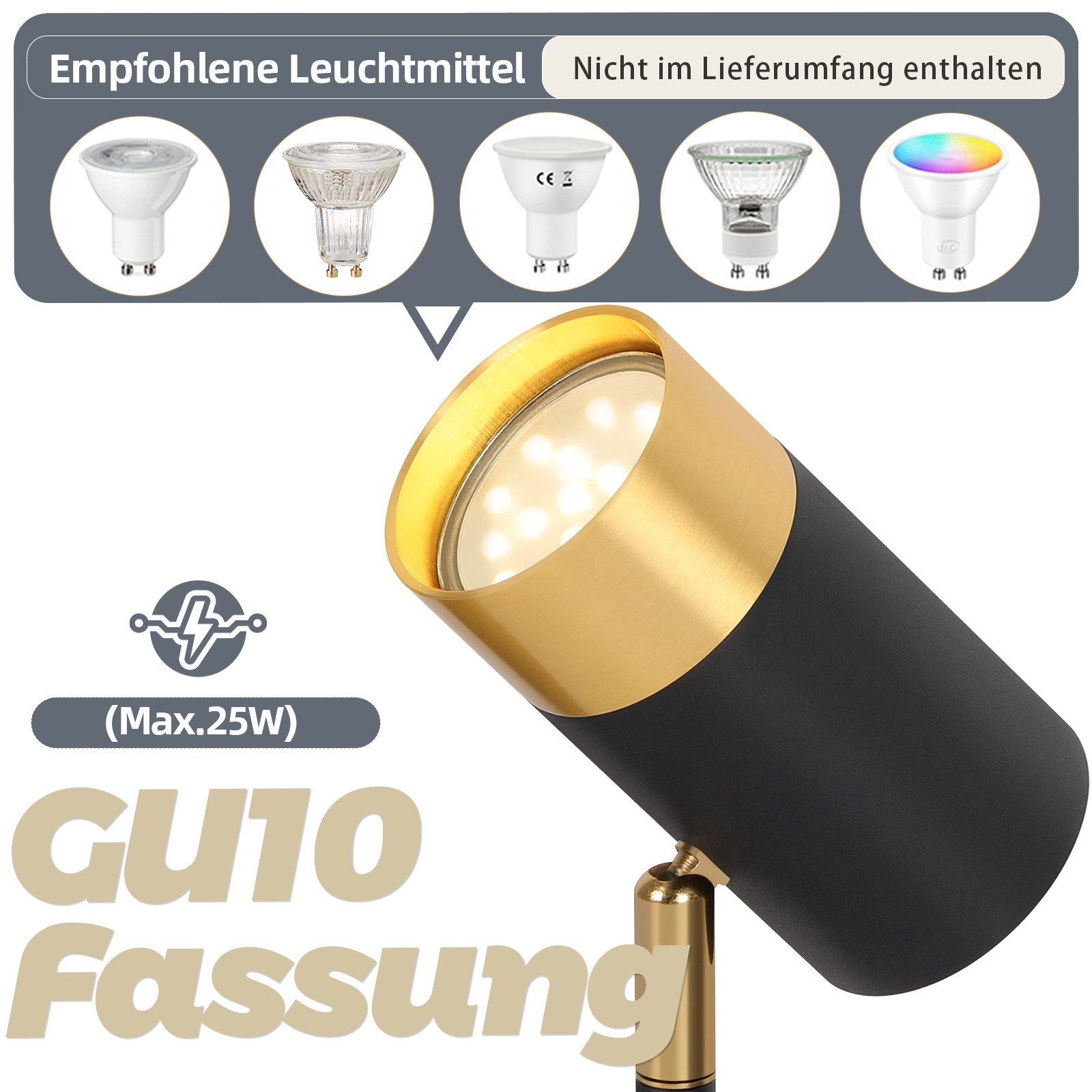 Un faretto nero e oro con attacco GU10, con vari tipi di lampadine mostrati sopra.