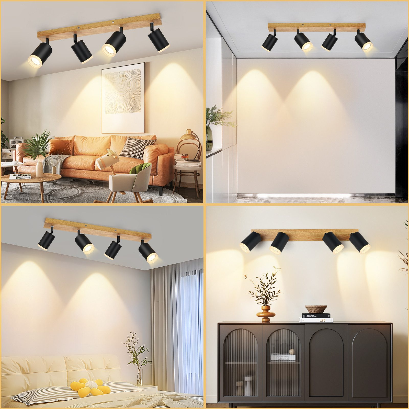 Cztery ujęcia wnętrz czarnych reflektorów na drewnie, oświetlających różne pomieszczenia. Pomieszczenia obejmują salon, sypialnię i białą ścianę.