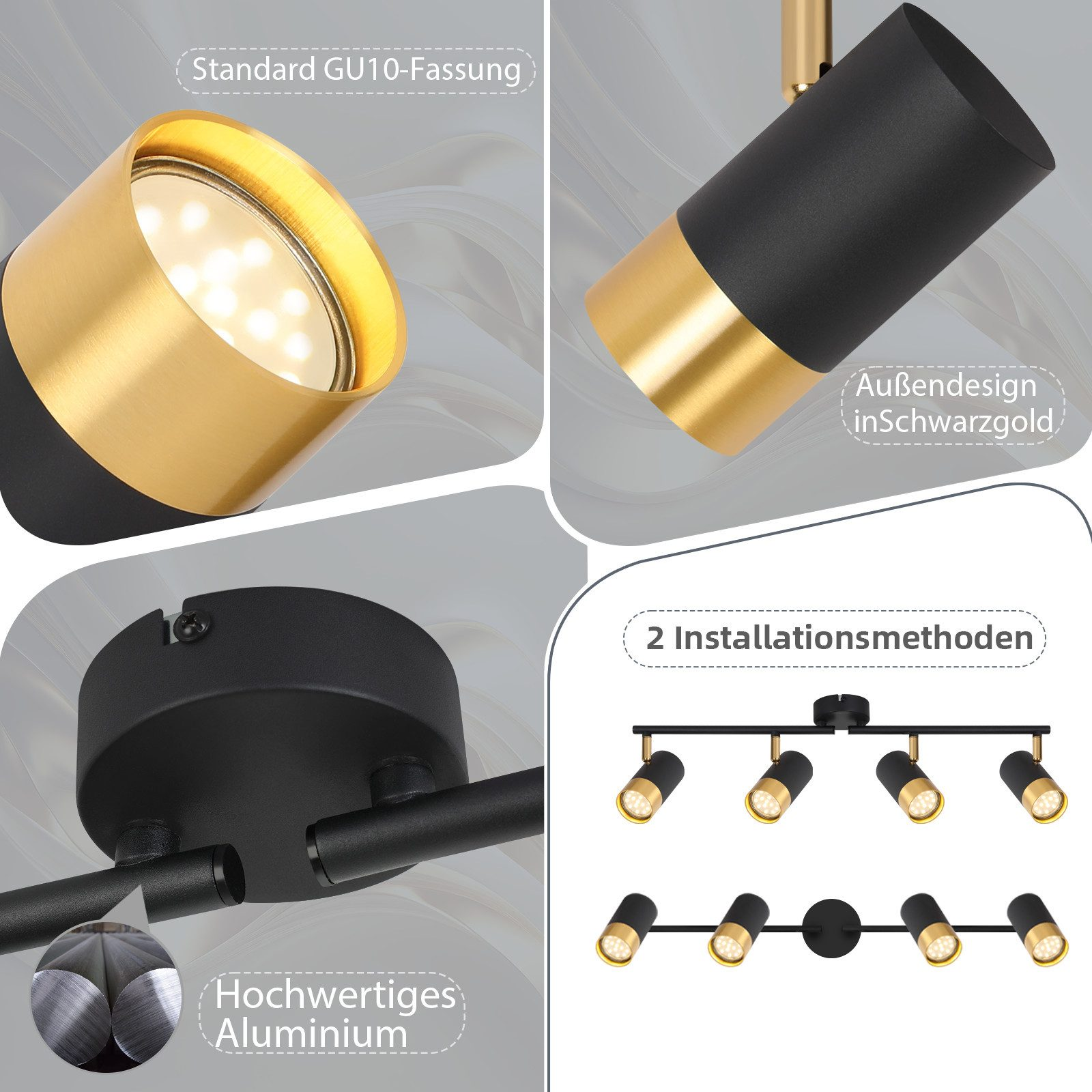 Faretti neri e oro. Primi piani mostrano il design e i metodi di installazione.