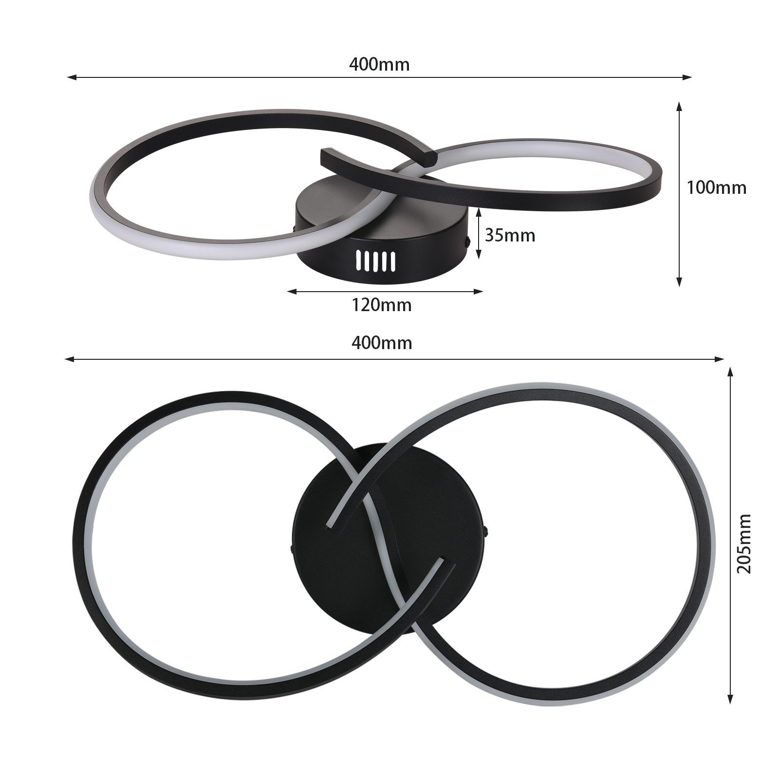 Czarna lampa sufitowa z dwoma przecinającymi się pierścieniami. Wymiary podano na zdjęciu.
