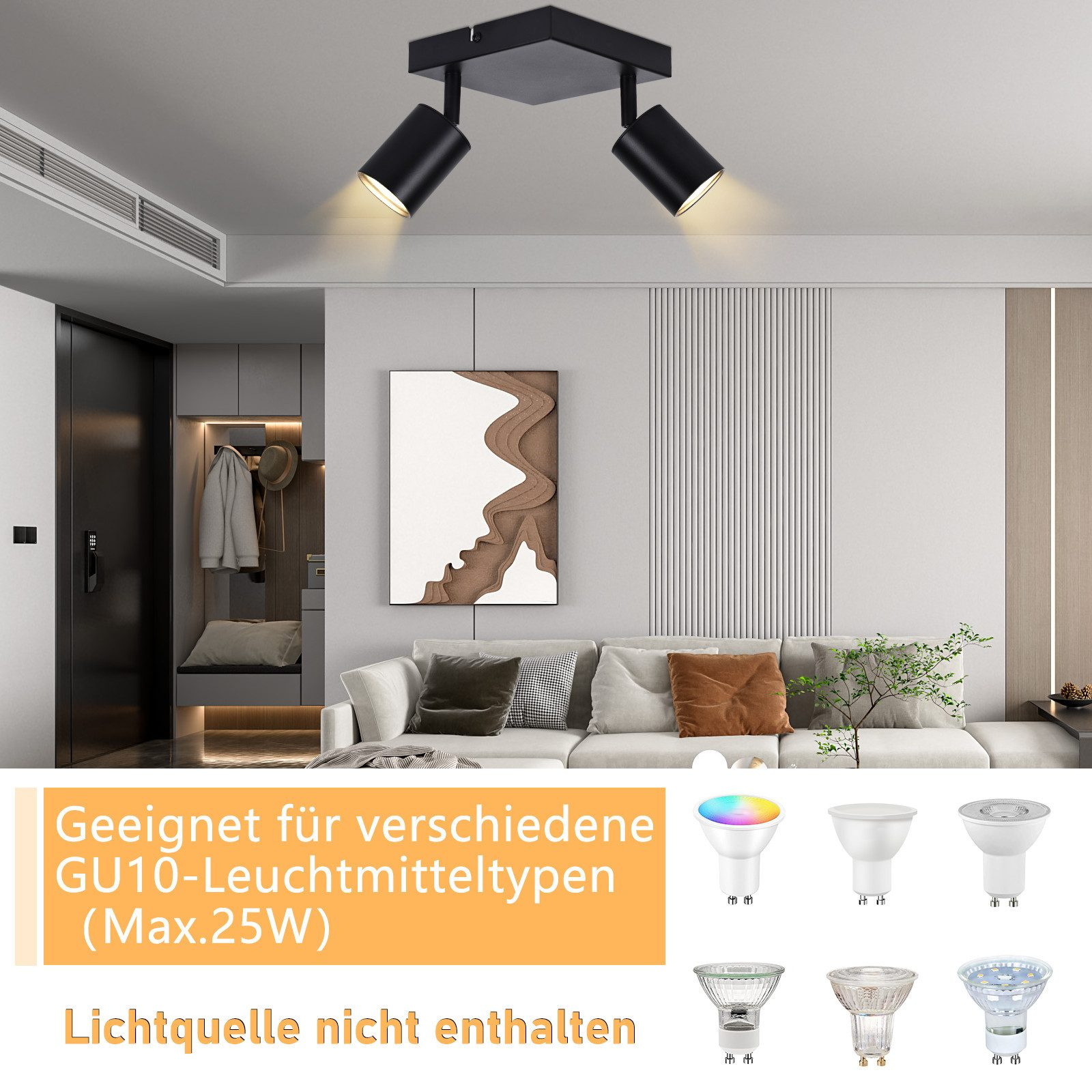 Lampada da soffitto nera con due faretti regolabili, varie opzioni di lampadine e soggiorno.