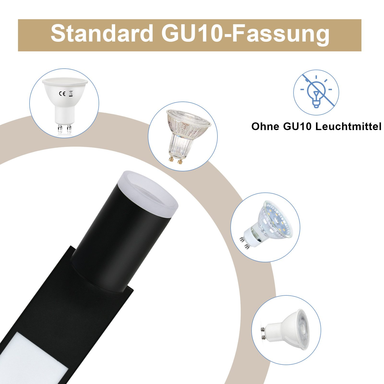 Varie lampadine GU10 e un faretto a binario nero. Viene visualizzato il testo 'Standard GU10 Fassung'.