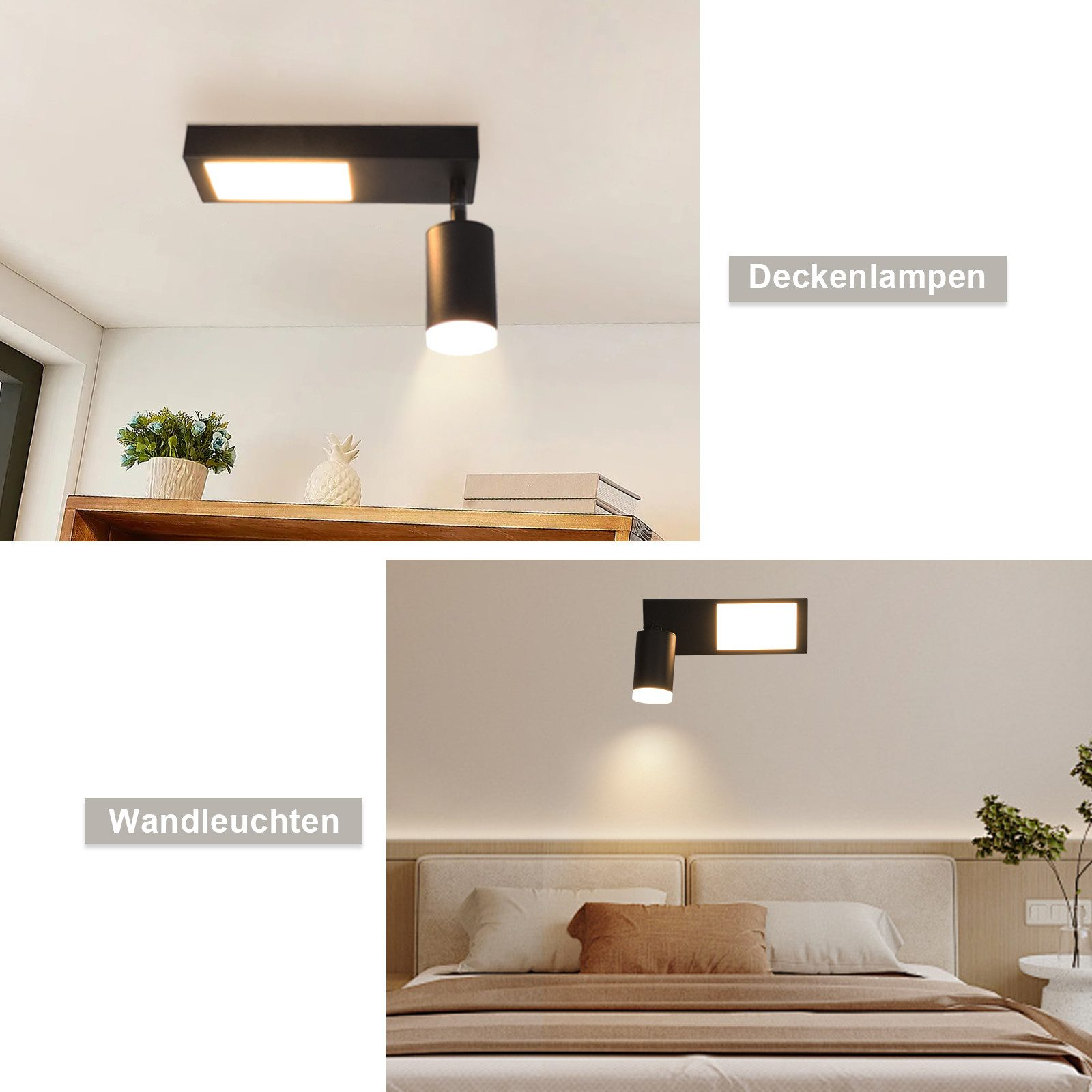 Apparecchi di illuminazione neri installati a soffitto e a parete. Mostra la luce del soffitto e della parete.