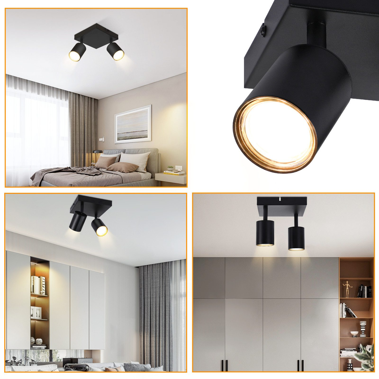 Quattro immagini che mostrano luci a soffitto nere con due faretti ciascuna. Varie ambientazioni.