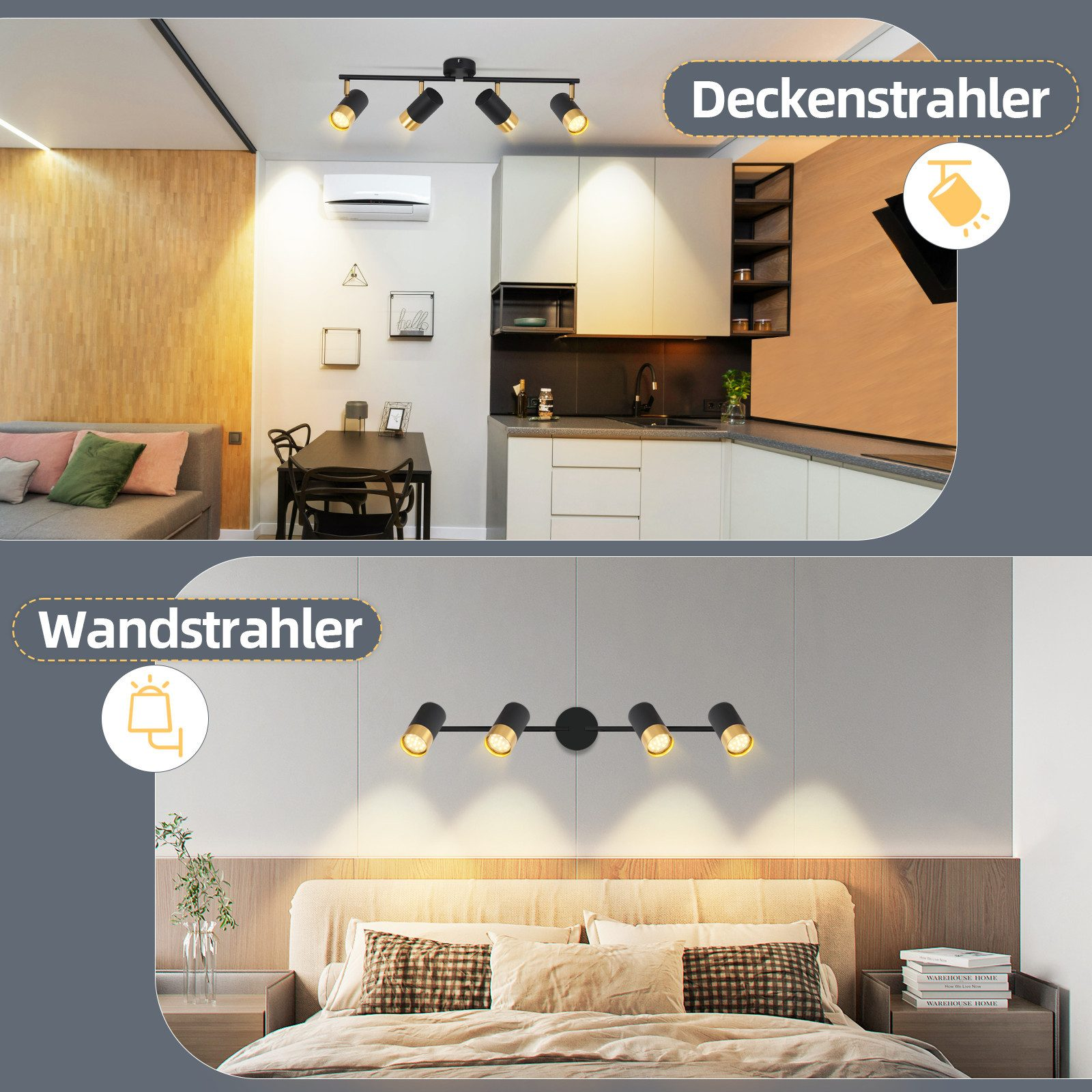 Due luci a soffitto e una a parete in una stanza. La stanza è una cucina e una camera da letto.