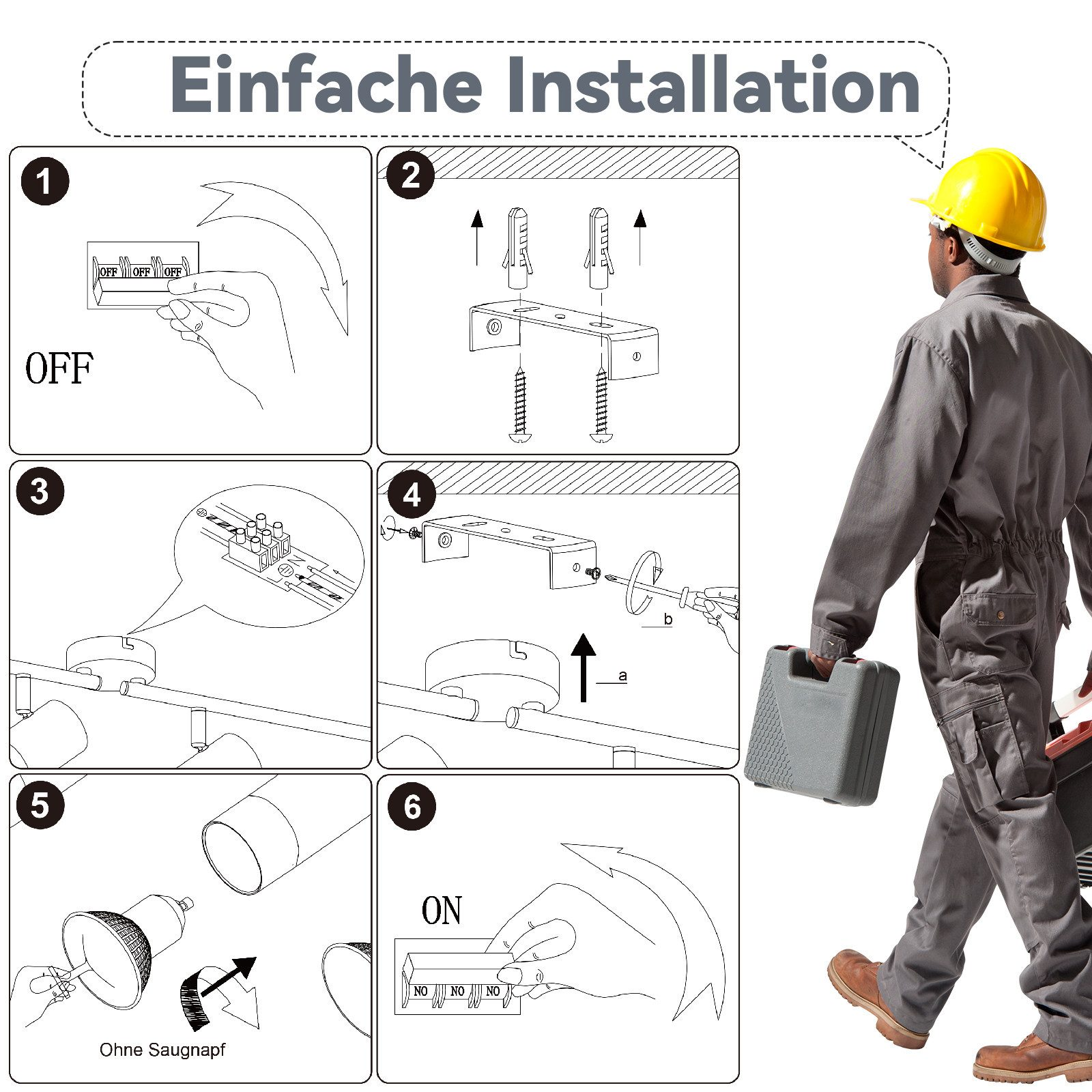 Istruzioni per l'installazione di un'apparecchio di illuminazione, con sei passaggi, e un operaio.