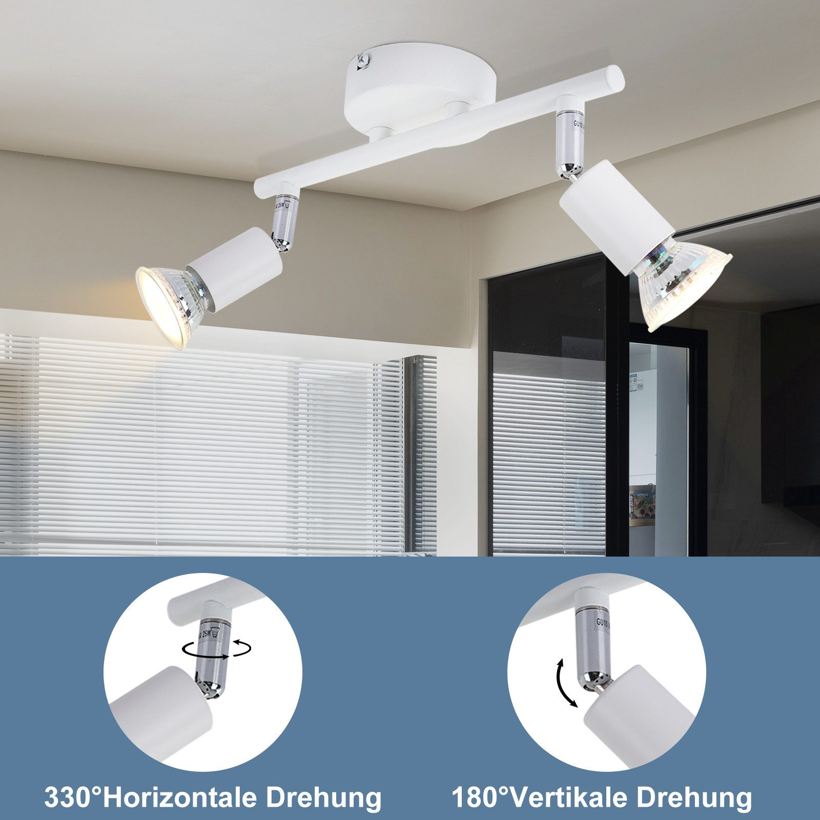 Lampada da soffitto bianca con faretti orientabili. Istruzioni per la rotazione.