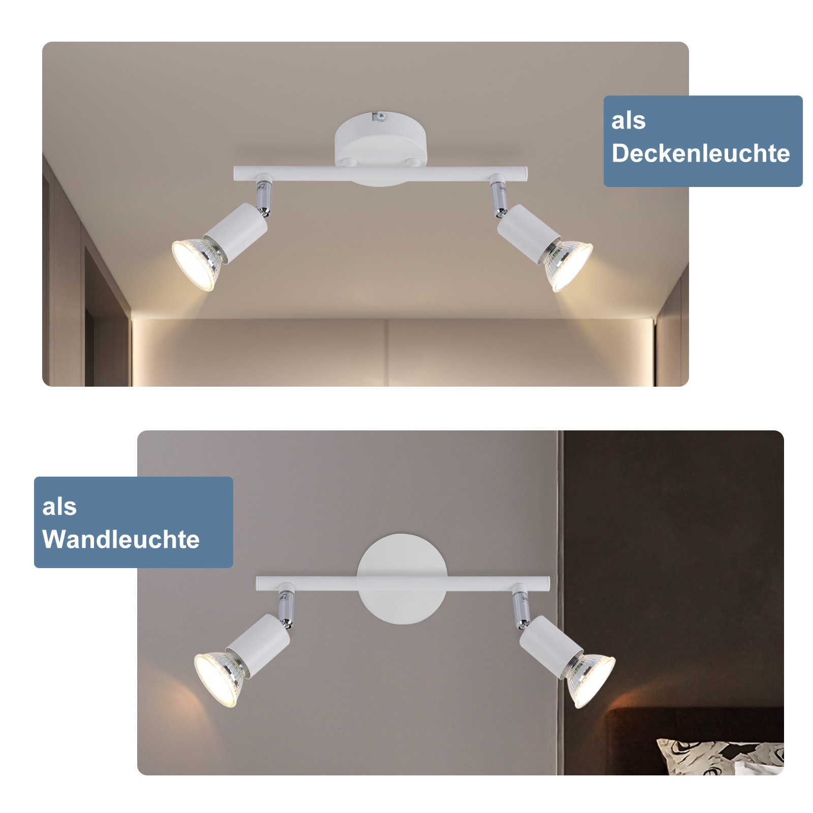 Due faretti da soffitto, uno montato come plafoniera e l'altro come applique. Entrambi hanno finiture bianche.