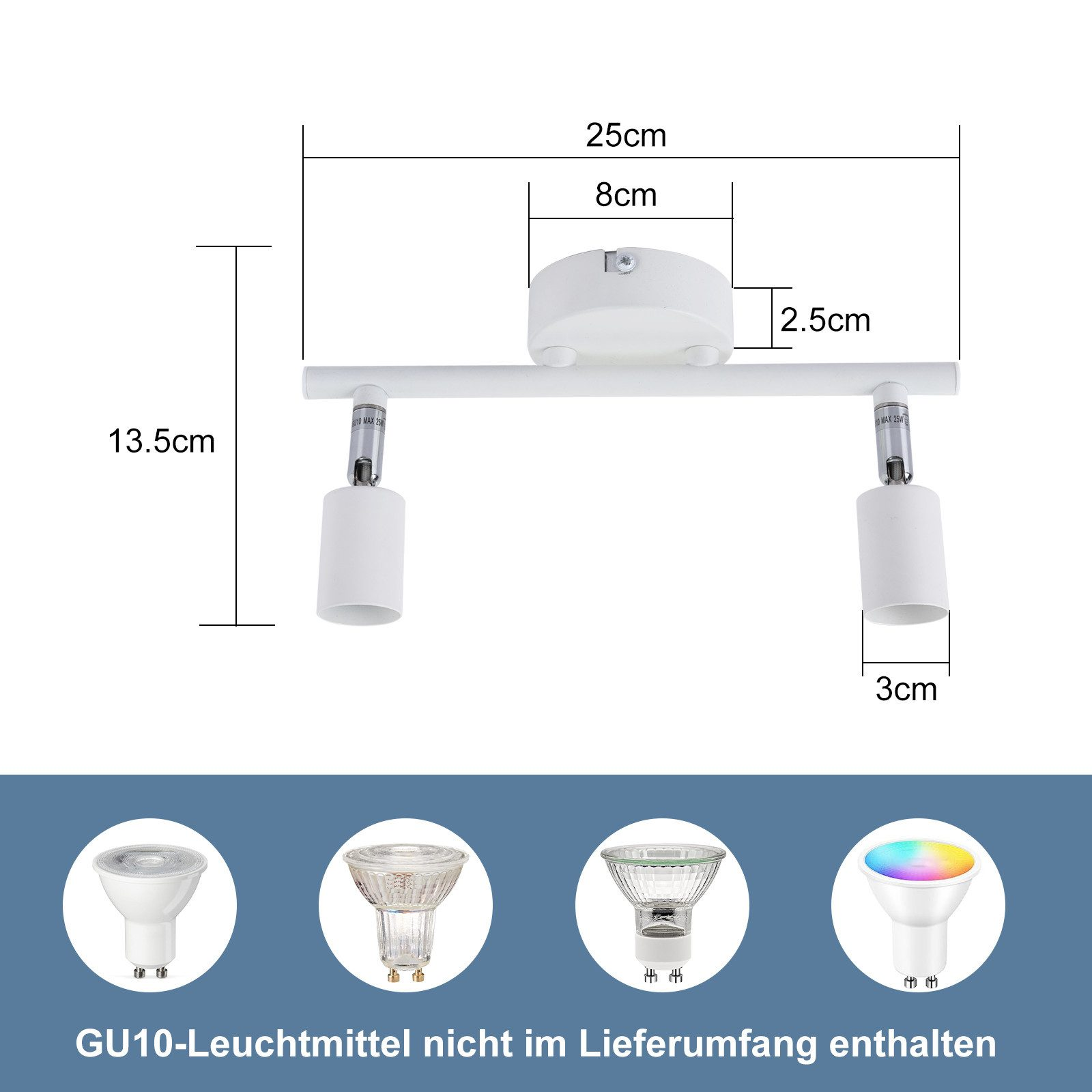 Luce da soffitto bianca con due faretti e diverse lampadine.