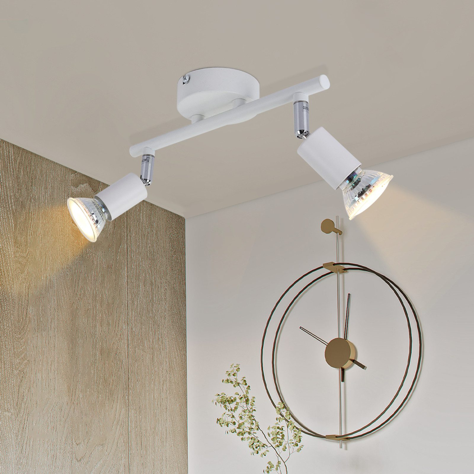 Due faretti bianchi sono montati sul soffitto. Lo sfondo mostra una parete e un orologio.