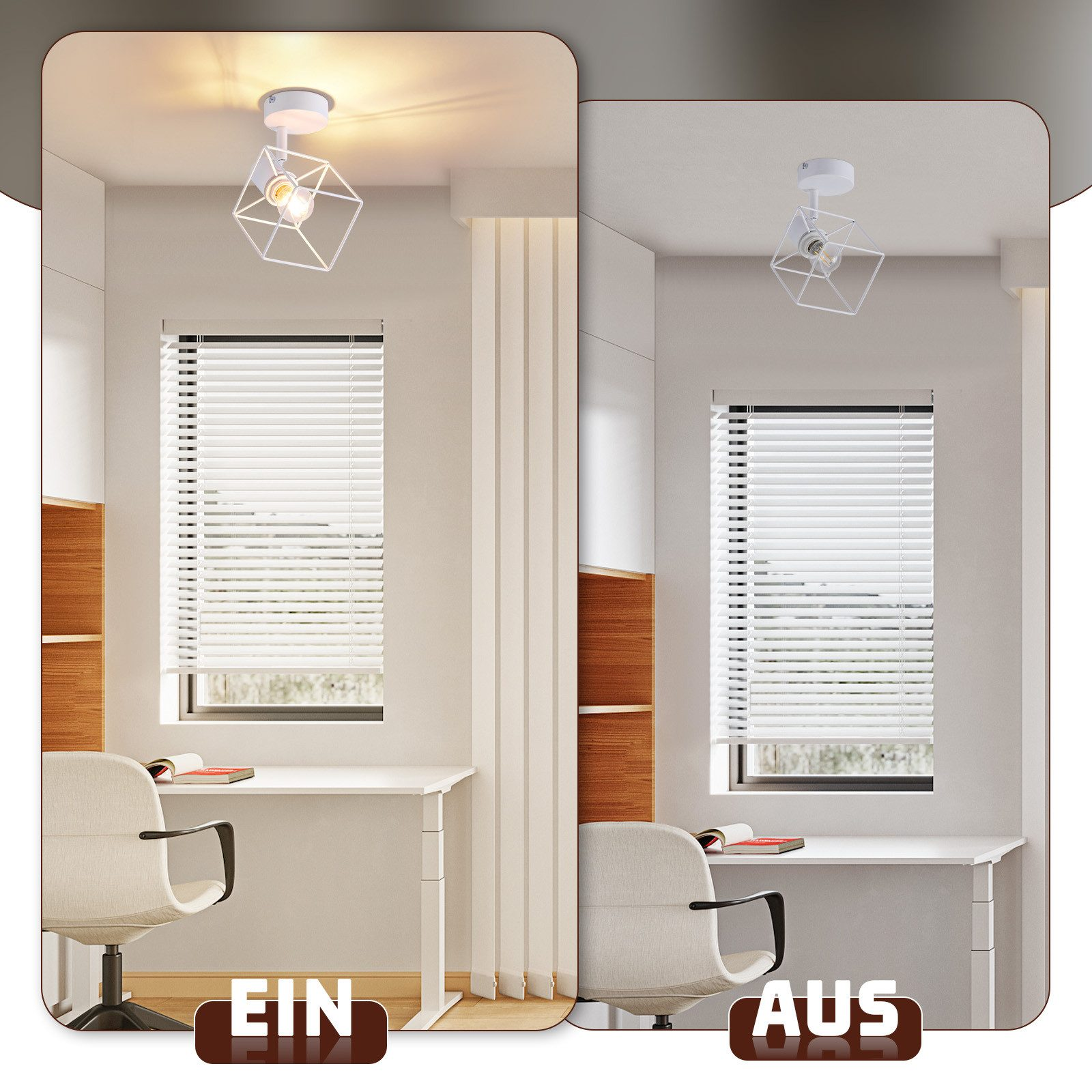 Due immagini che mostrano una lampada da soffitto geometrica bianca accesa e spenta. Scrivania, sedia e persiane visibili.