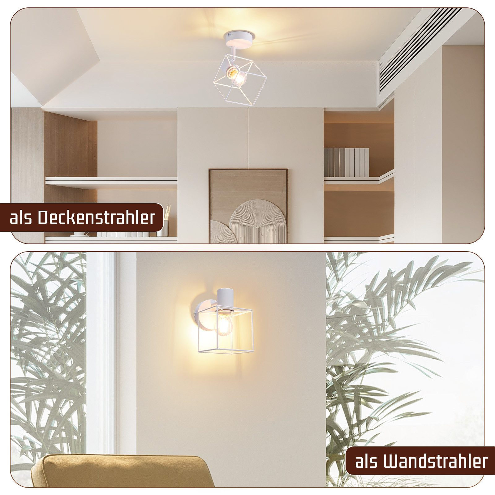 Una lampada da soffitto geometrica bianca, mostrata anche come applique, in due ambienti diversi.