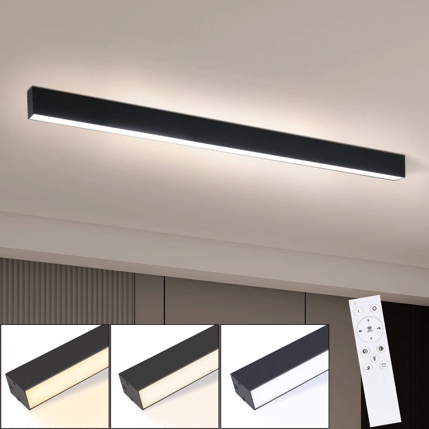 Una plafoniera a LED rettangolare nera. Vengono mostrate tre opzioni di colore della luce, con un telecomando.