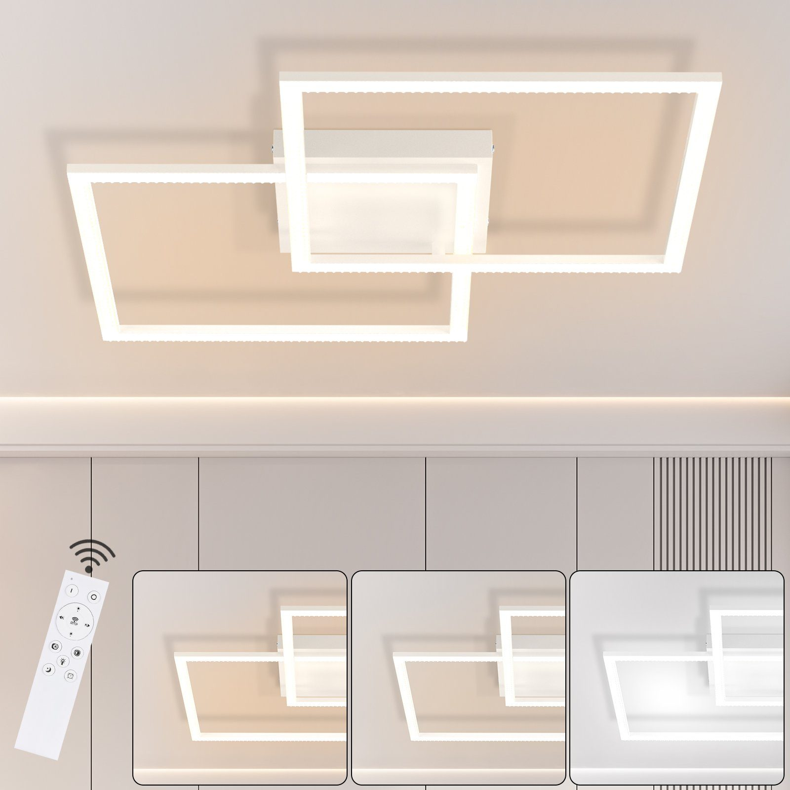 Plafone bianco con forme quadrate interconnesse e tre opzioni di regolazione della luce.