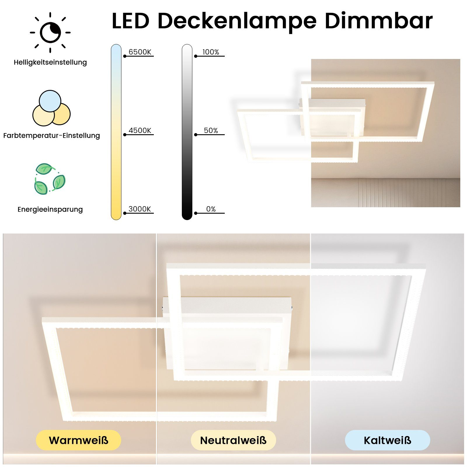 Lampada da soffitto a LED dimmerabile con diverse temperature colore e impostazioni di luminosità.