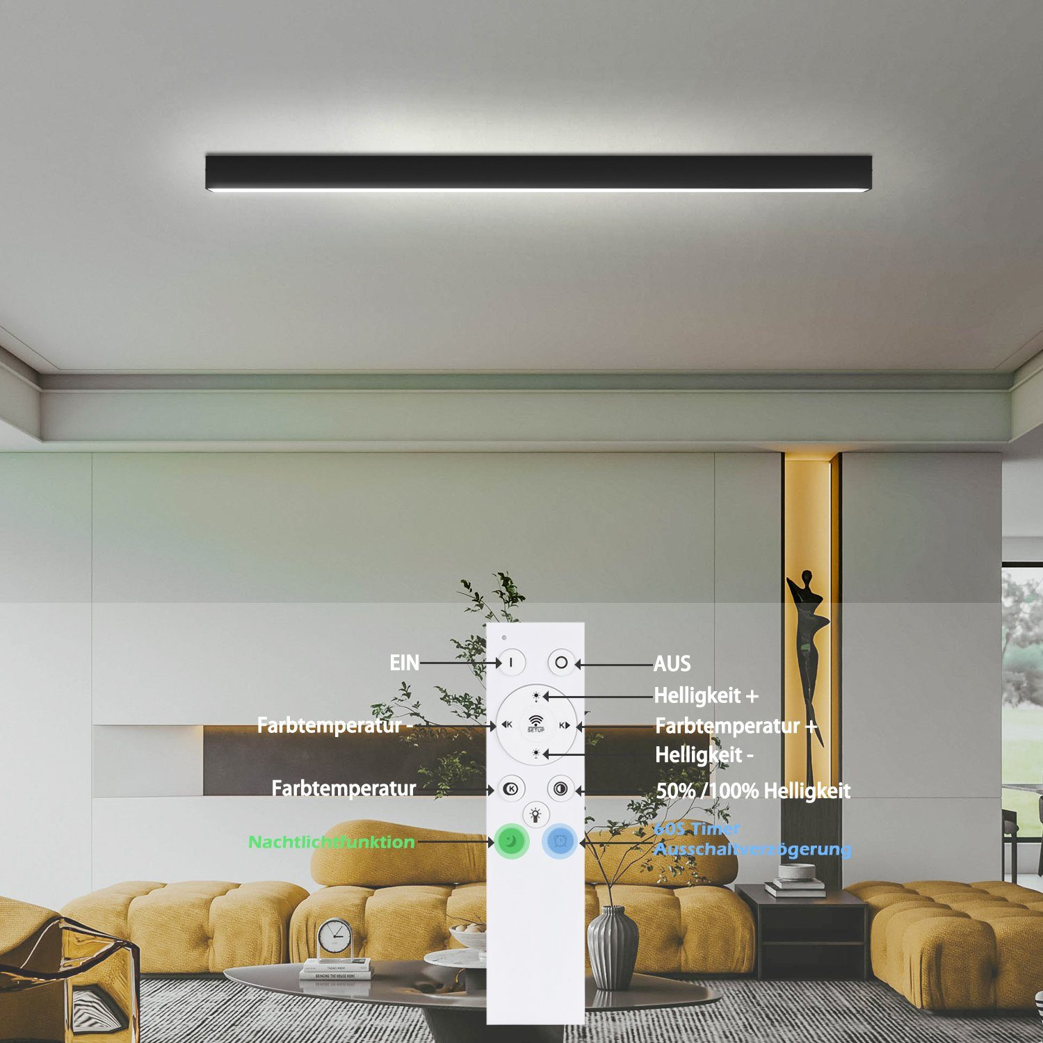 Un telecomando con vari pulsanti per regolare una lunga lampada da soffitto nera.
