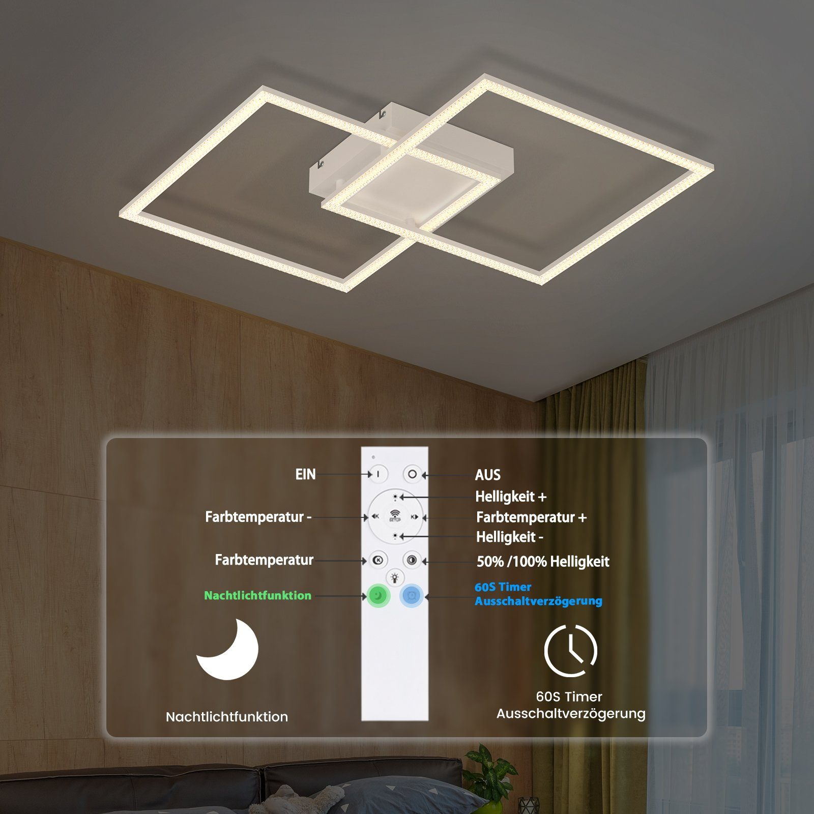 Un apparecchio di illuminazione a soffitto bianco con telecomando, che mostra luminosità, temperatura colore e funzioni timer.