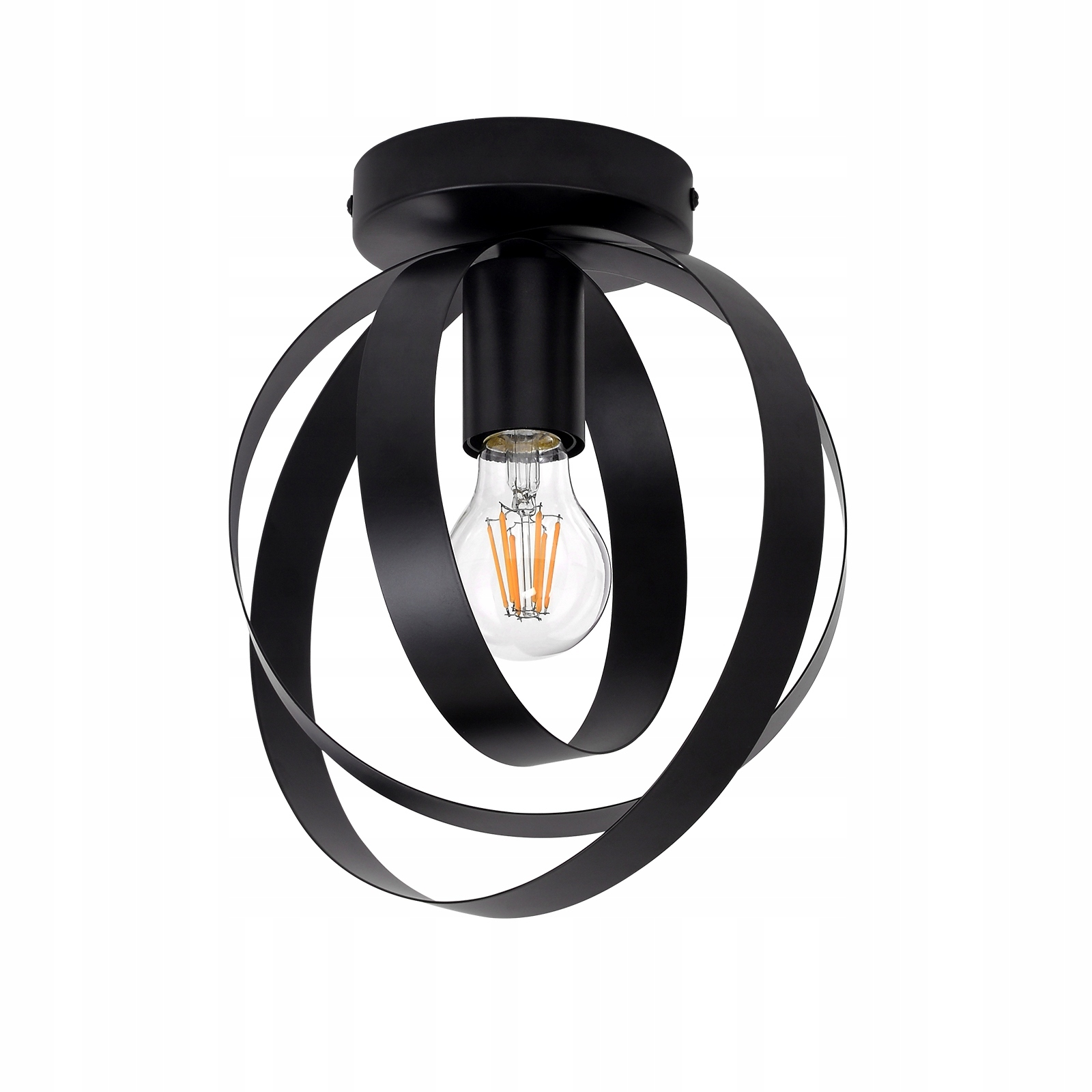 Una lampada da soffitto nera con una lampadina. Ha una base rotonda e un design a gabbia attorno alla lampadina.