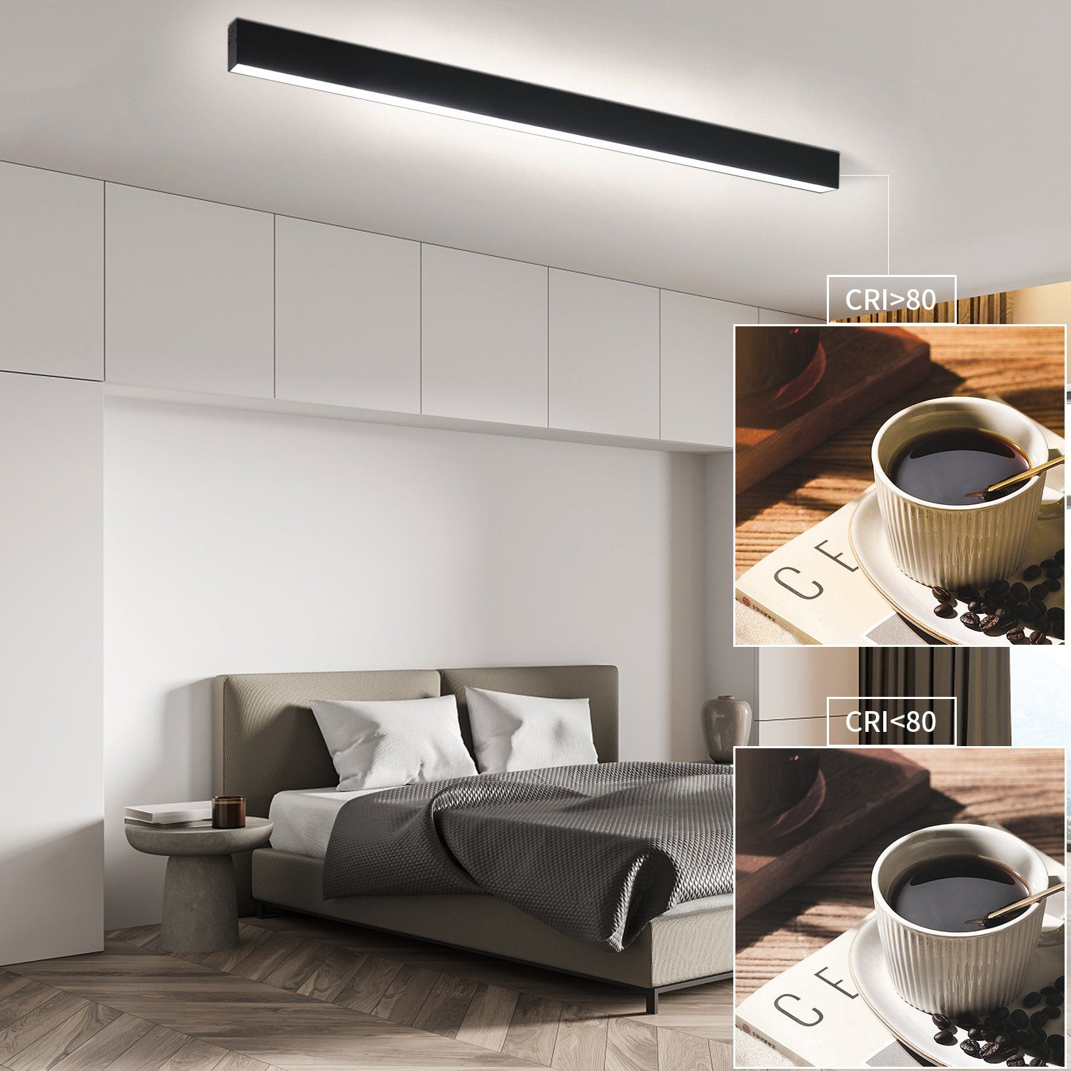 Stanza moderna con luce a soffitto lineare, tazza di caffè e confronto CRI.