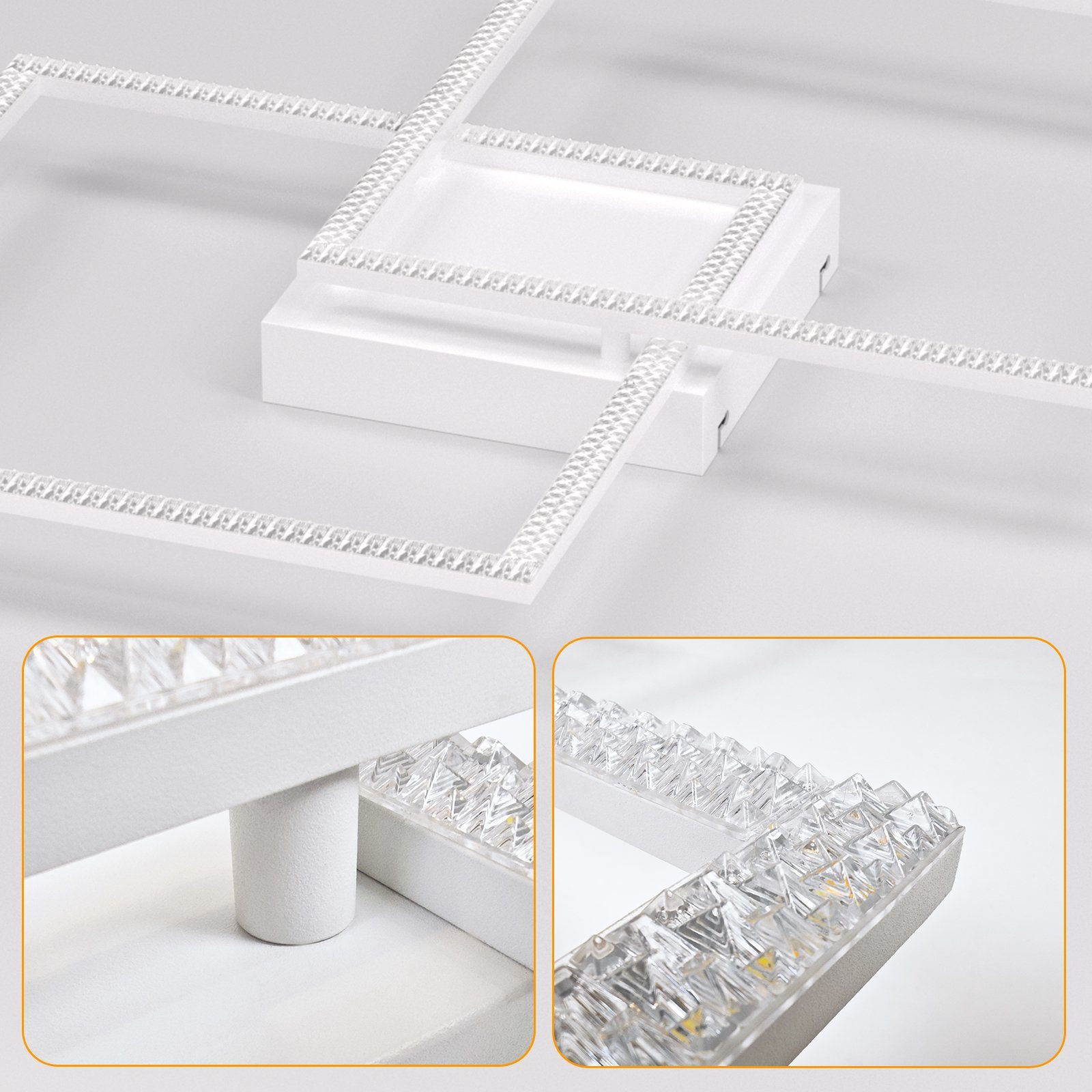 Luce da soffitto bianca con elementi decorativi in cristallo. Viste ravvicinate.