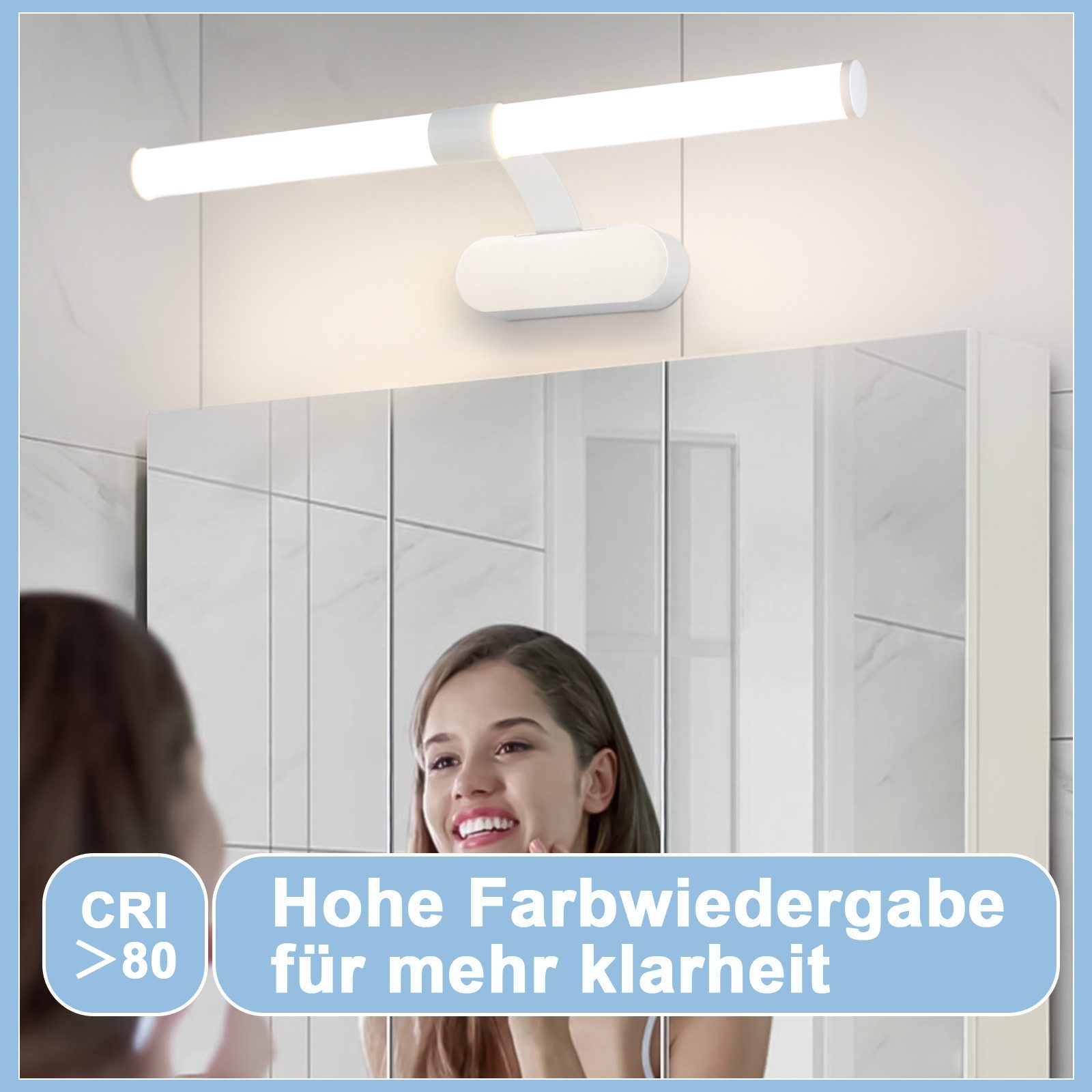 Donna che guarda uno specchio illuminato, con una luce intensa sopra, e testo sulla resa cromatica.