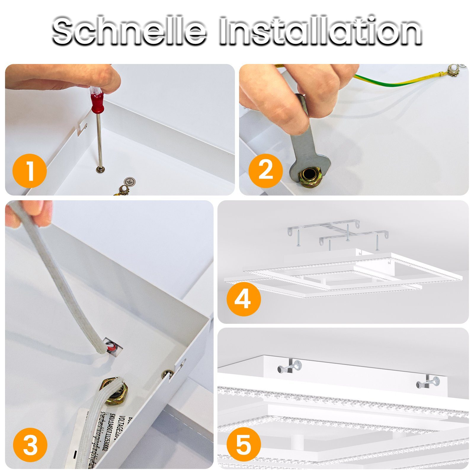 Istruzioni per l'installazione di un apparecchio di illuminazione. Mostra strumenti e passaggi per l'installazione.
