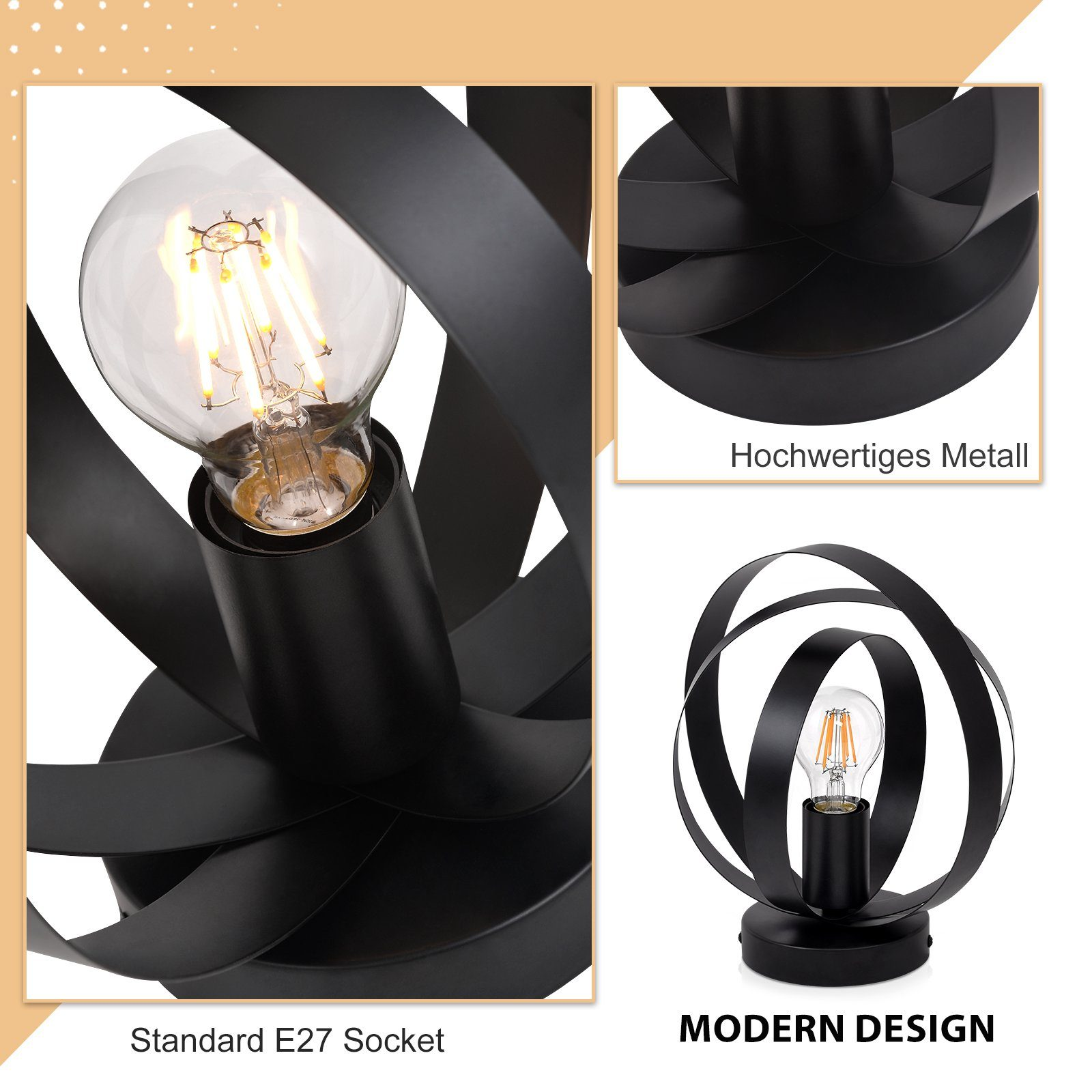 Lampada nera moderna con design a spirale e lampadina accesa.