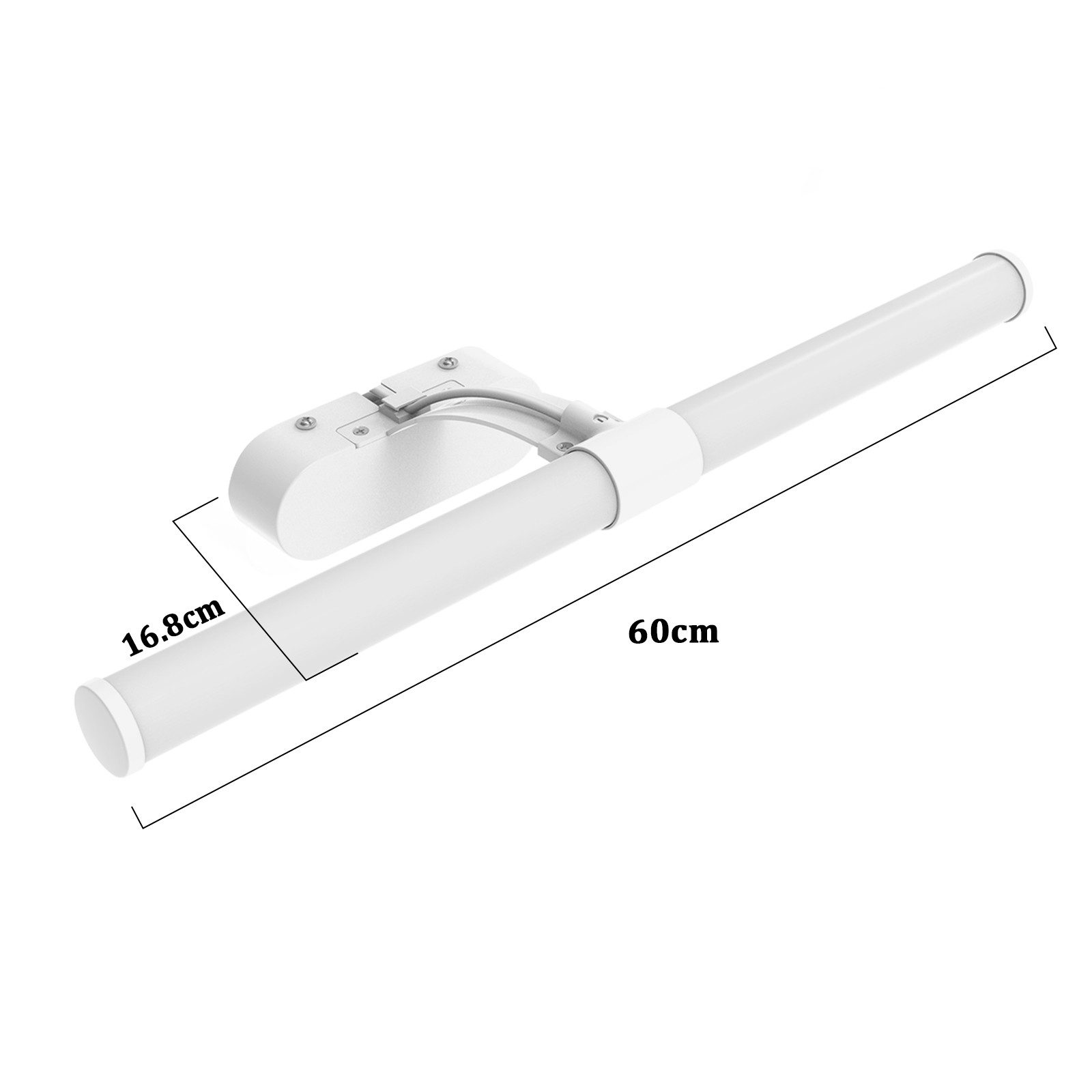 Barra luminosa a LED bianca con dimensioni in cm. È dotata di una staffa per un facile montaggio.