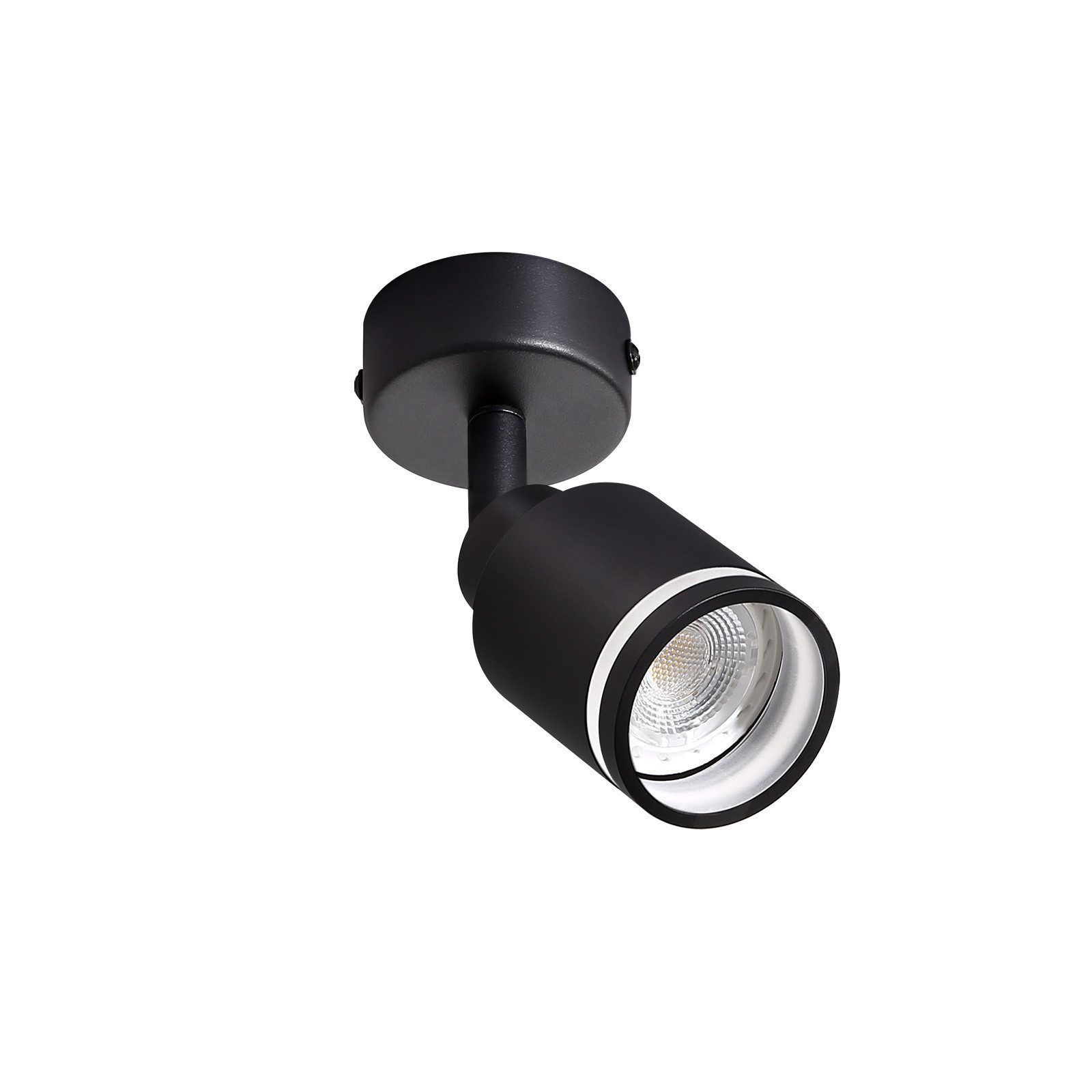 Faretto nero con un anello interno bianco circolare. Sfondo bianco.