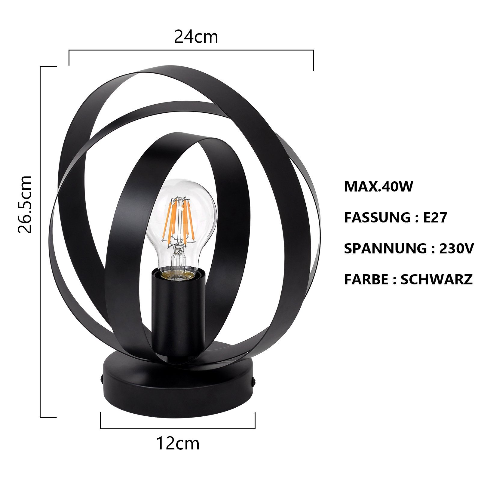 Lampada decorativa in metallo nero con lampadina Edison, dimensioni mostrate.