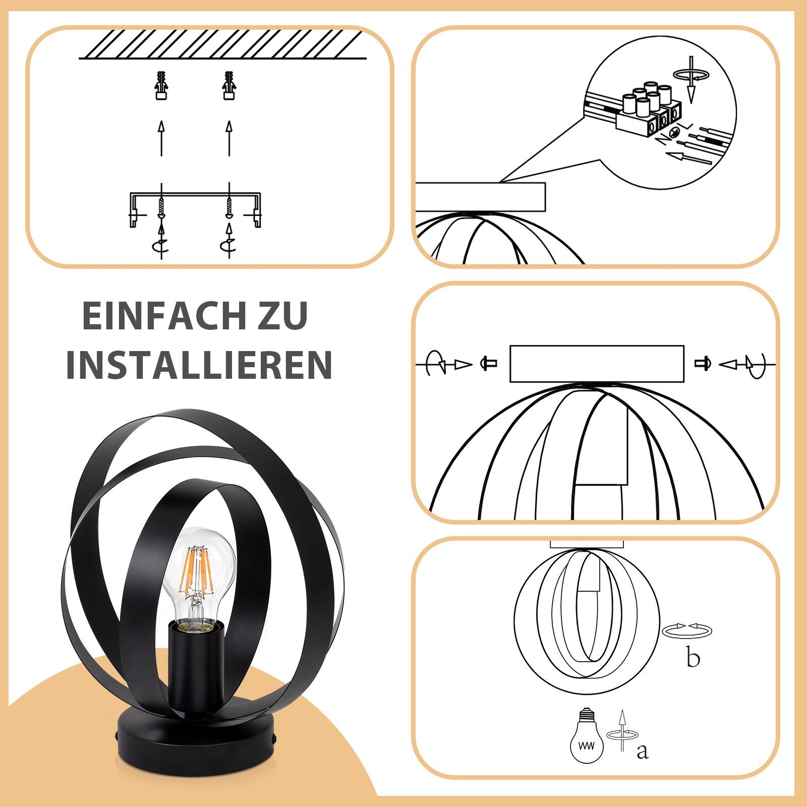 Diagrammi che illustrano l'installazione di una lampada con il testo 'EINFACH ZU INSTALLIEREN'.