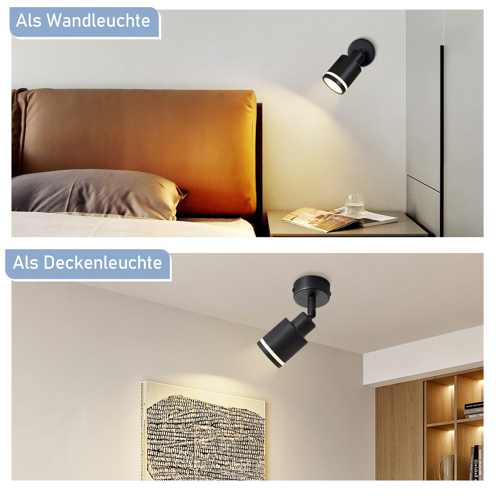 Due immagini mostrano faretti neri, uno a parete e uno a soffitto, che illuminano lo spazio.