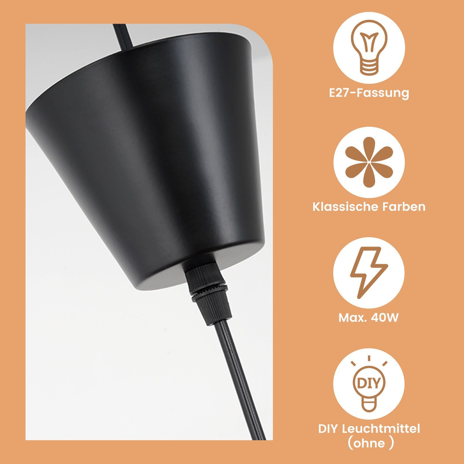 Schwarze Pendelleuchte, E27-Sockel, klassische Farben, max. 40W, DIY-Licht.