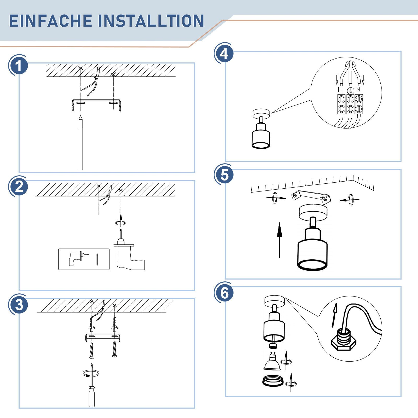 Istruzioni per l'installazione di un apparecchio di illuminazione, che mostrano un diagramma dei passaggi coinvolti.