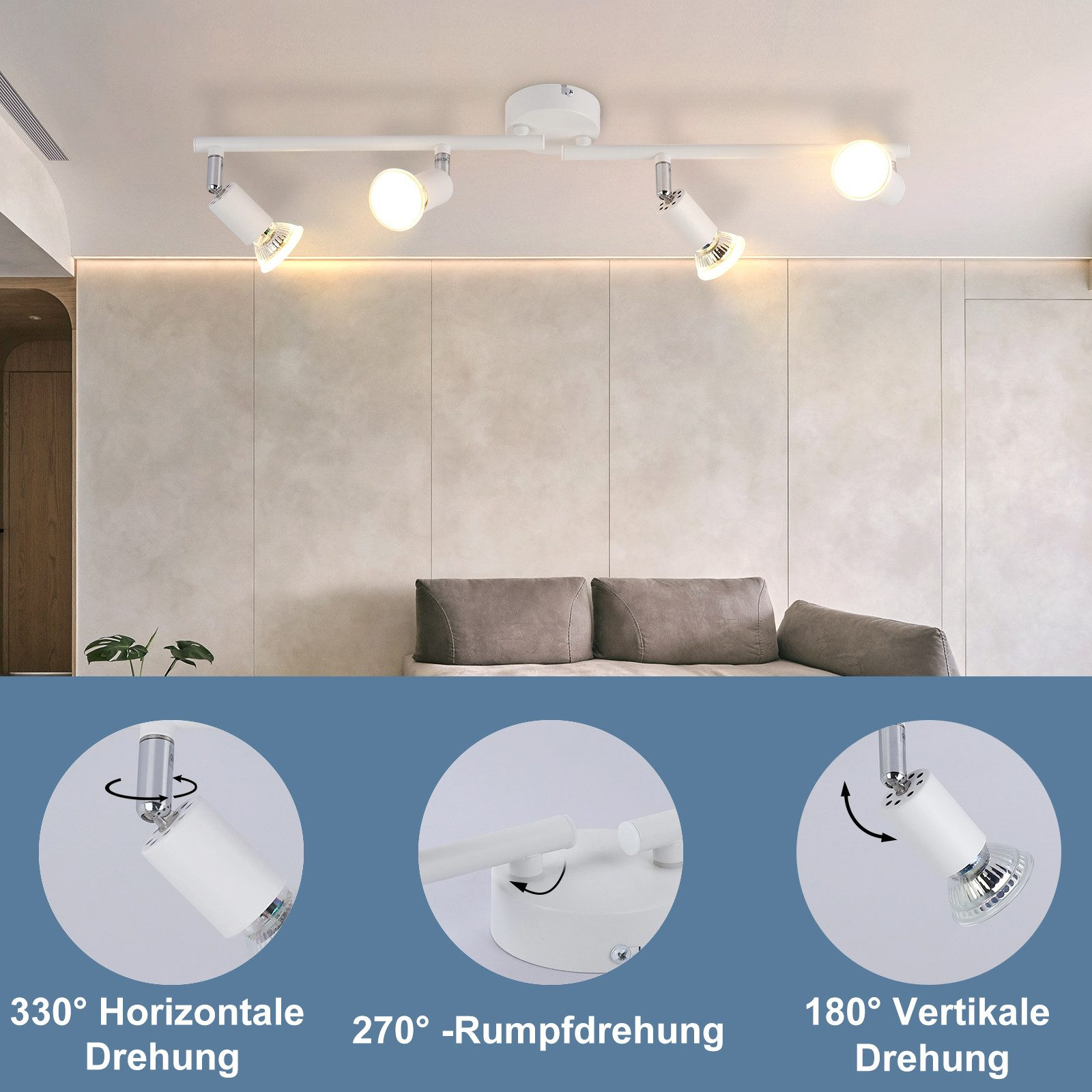 Apparecchio di illuminazione a binario bianco con quattro faretti orientabili, montato su un soffitto bianco.