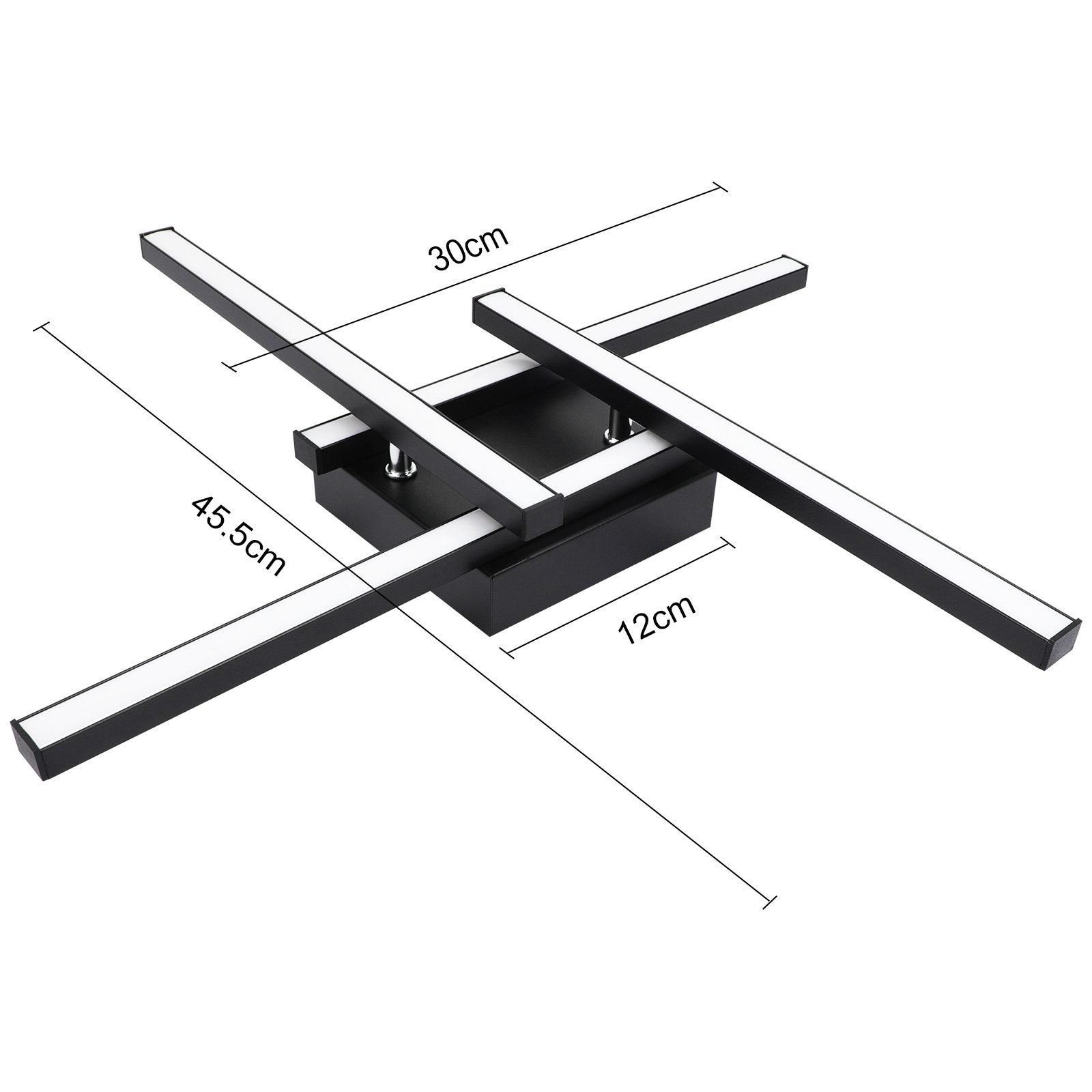 Una plafoniera nera con un design a forma di croce e luci a LED integrate, con dimensioni.