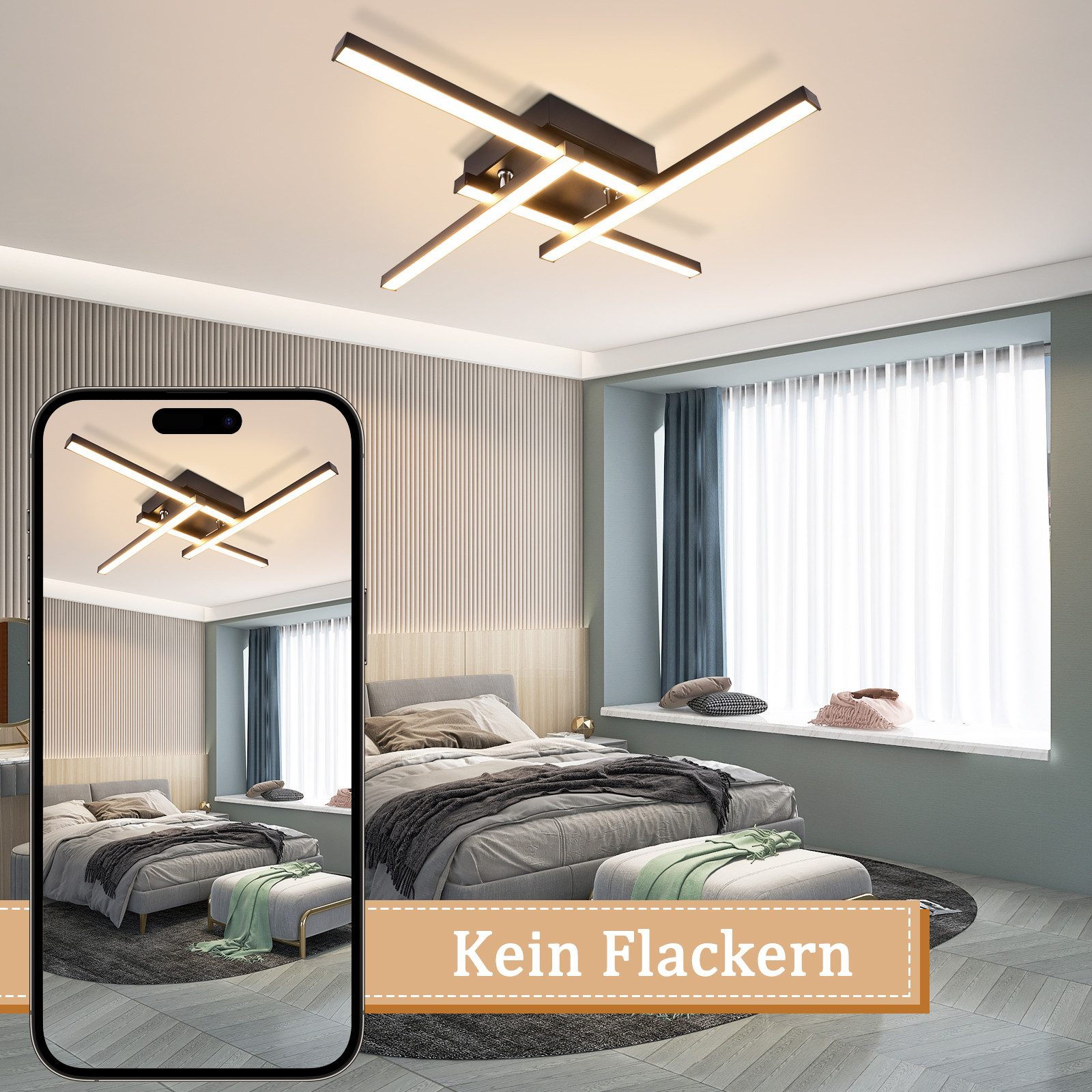 Interno camera da letto con lampada da soffitto moderna, riflessa in un telefono.