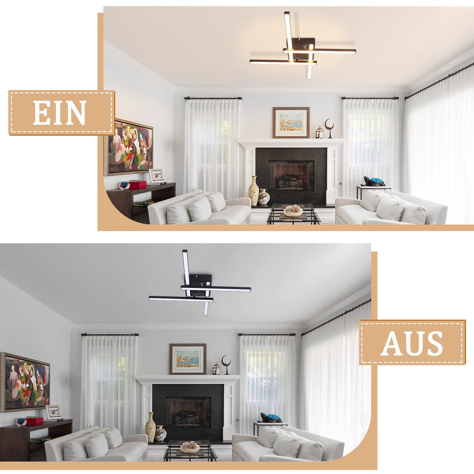 Due immagini di un soggiorno moderno, con una luce a soffitto accesa e spenta, che mostra l'effetto di illuminazione.