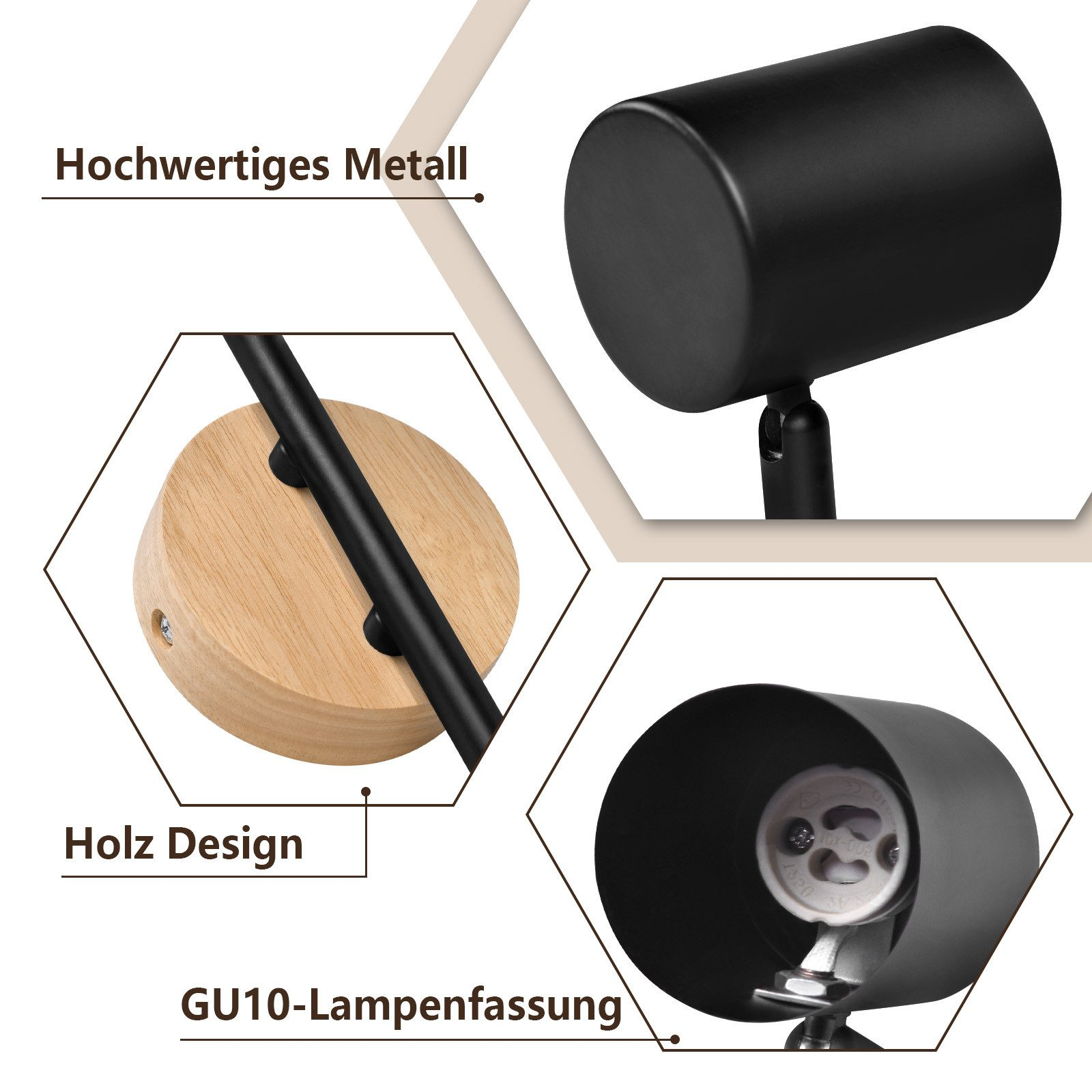 Zbliżenia czarnego reflektora, z drewnianą podstawą, metalem i szczegółami oprawki GU10.