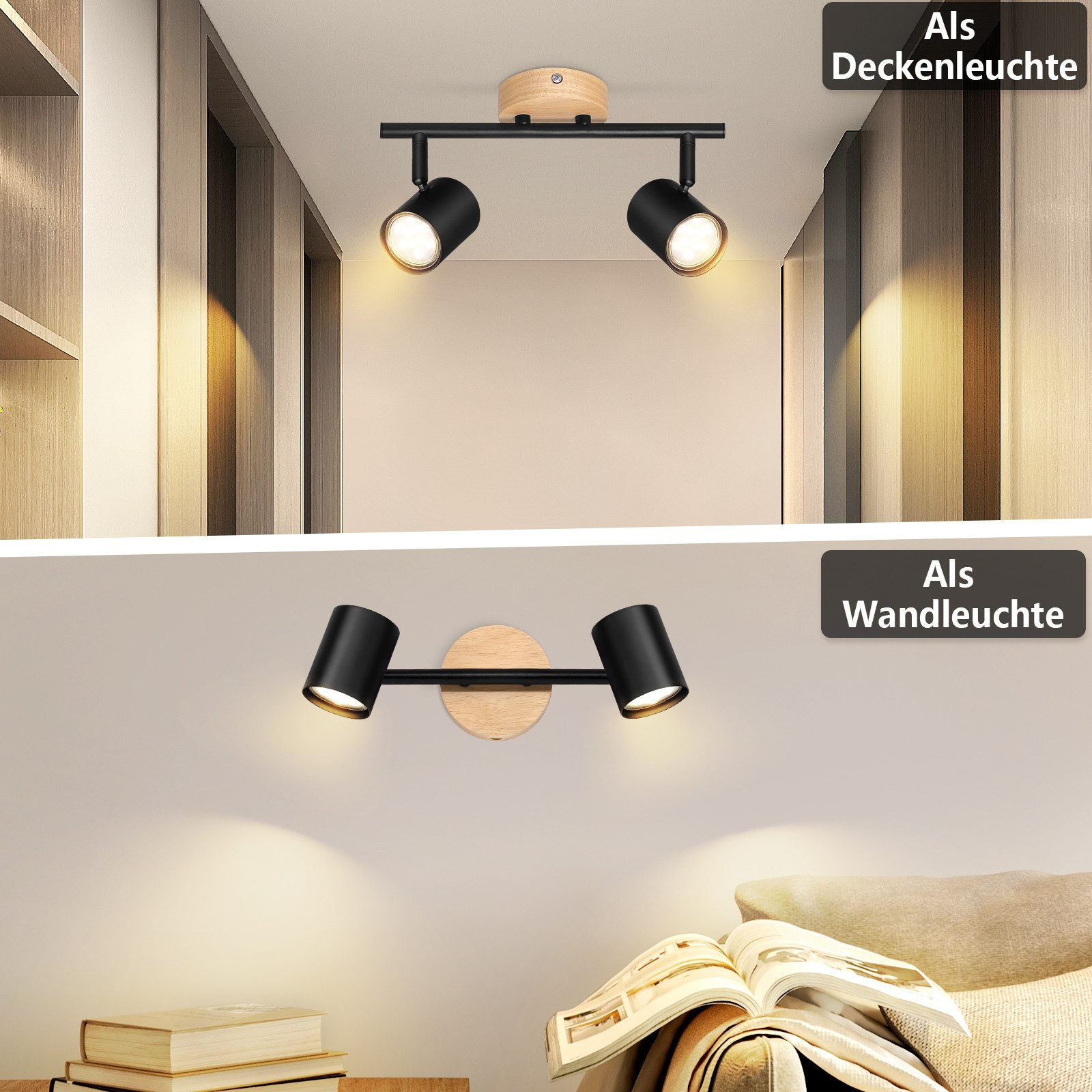 Dwa czarne reflektory, jeden na suficie, jeden na ścianie, na drewnianej podstawie.